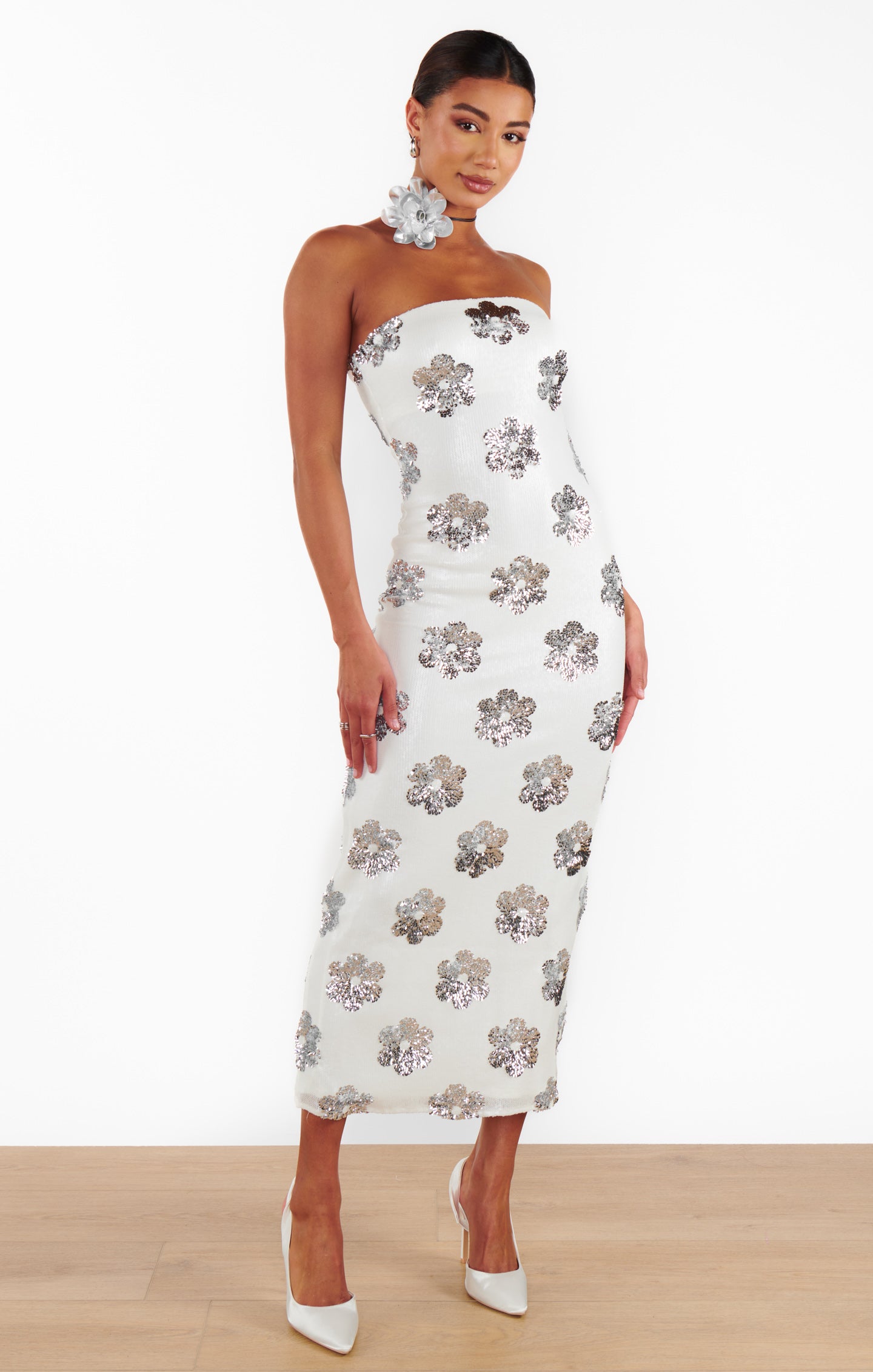 Strapless Sequin Maxi Dress for Events | Taylor Tube Daisy White