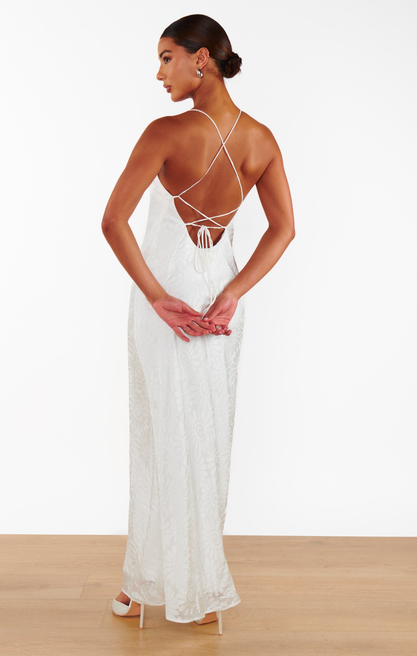 White Daisy Burnout Slip Dress with Square Neck & Open Back | Dani