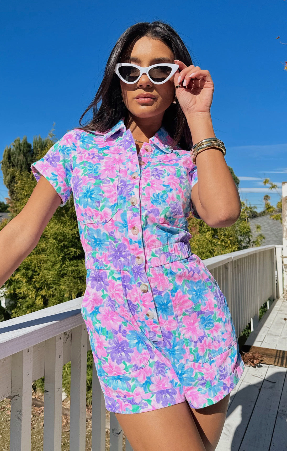 Denim Romper with Button Front & Elastic Waist | Garden Party