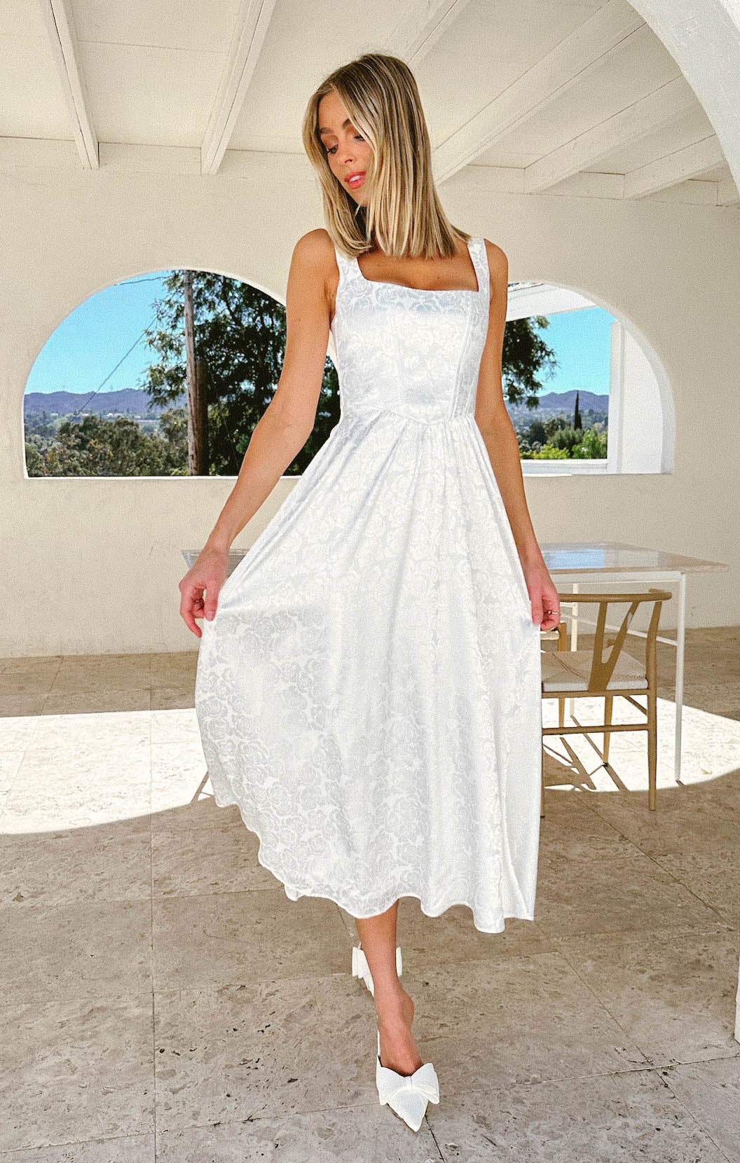 Elegant White Satin Midi Dress with Corset Bodice | Nina