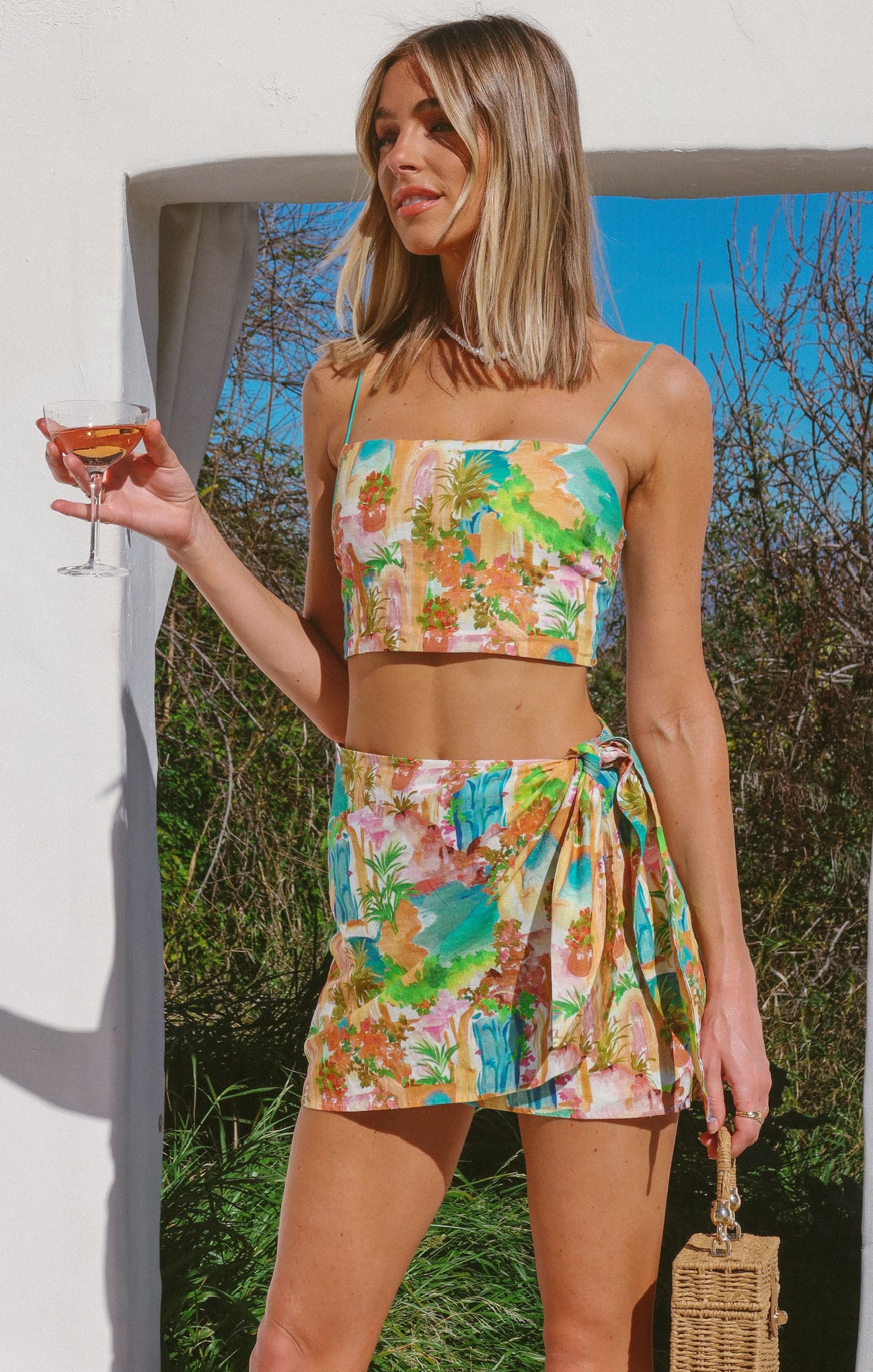 Linen Crop Top with Square Neck & Smocked Back | Tula Palermo Spritz