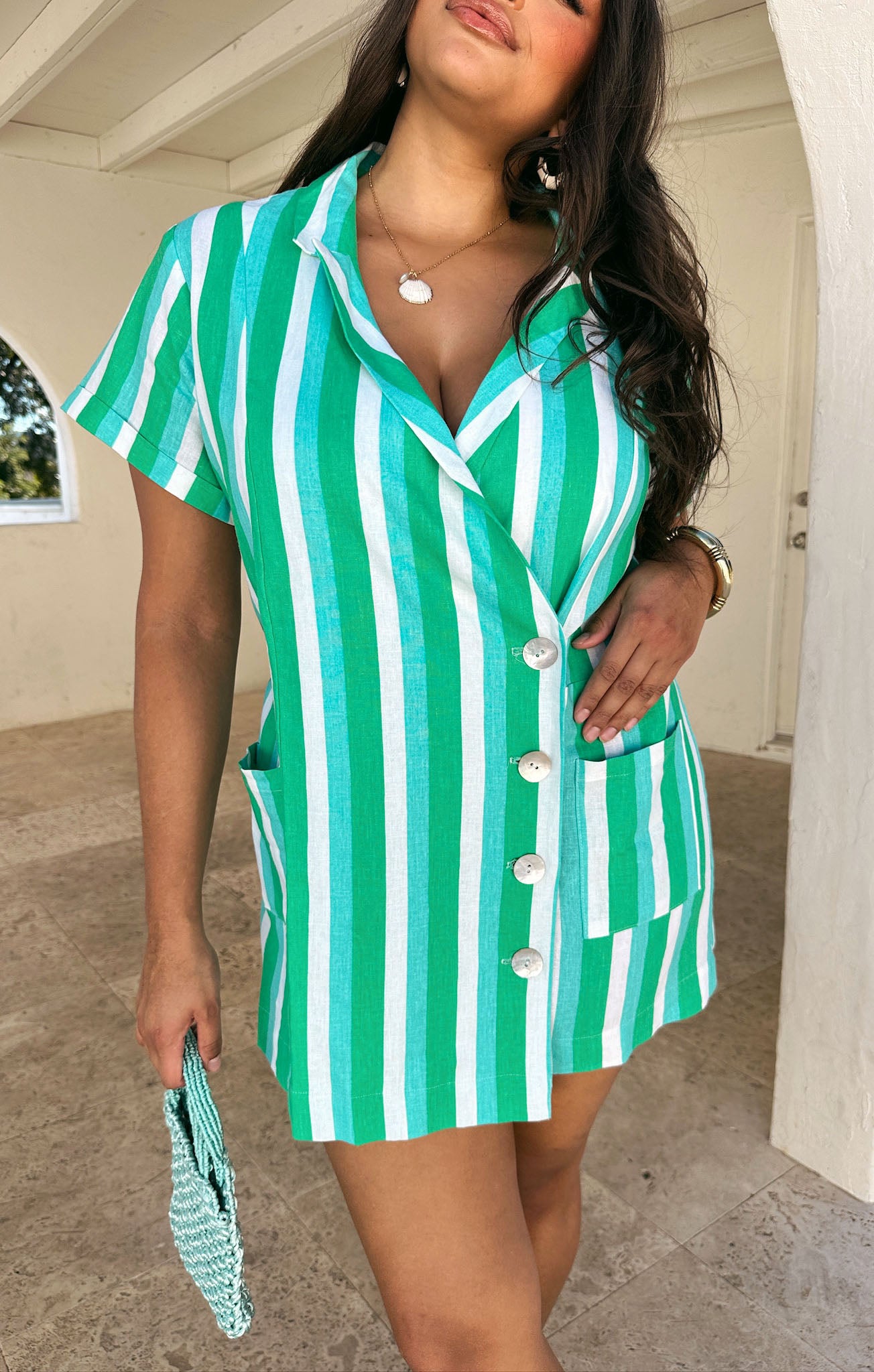 Striped Linen Blazer Romper with Pockets | Bicoastal
