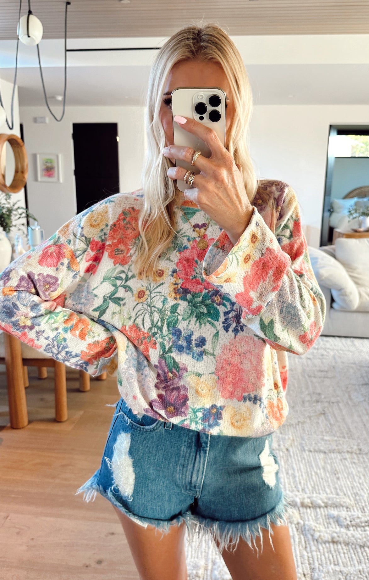 Floral Knit Tunic Sweater with Cuffed Sleeves | Sue Ivory Botanical