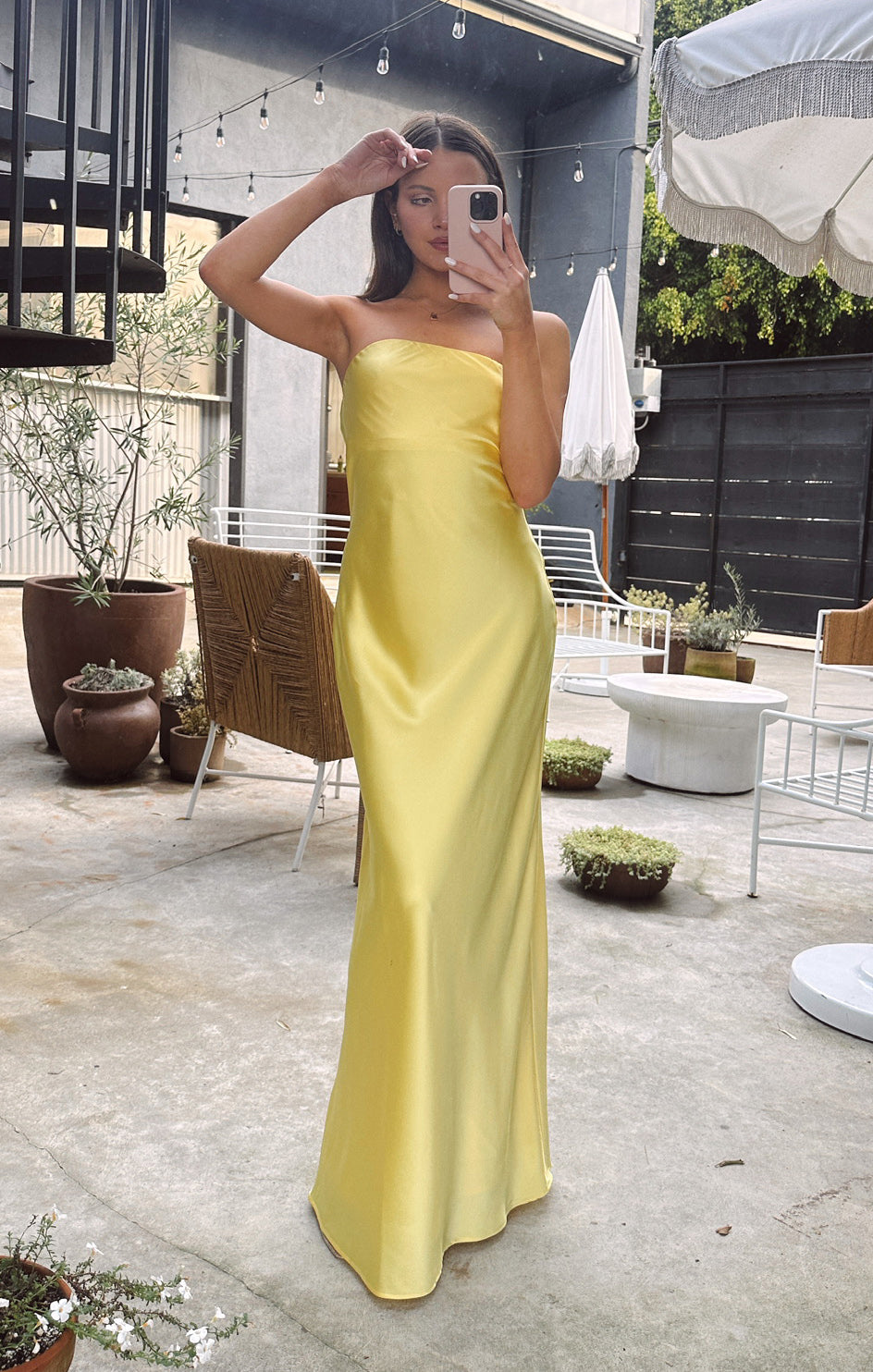 Yellow Strapless Maxi Dress in Luxe Satin | Taylor Tube