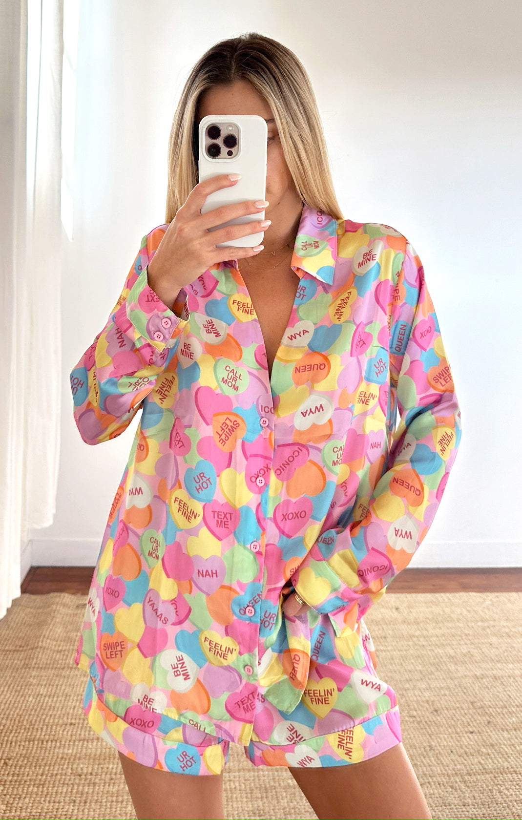 Silky Pajama Set with Candy Heart Print | Early Riser PJs