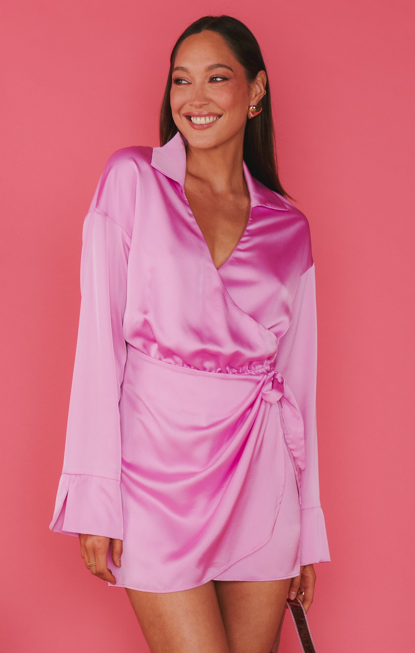 Clara Collared Mini Dress in Luxe Satin | Purple Pink