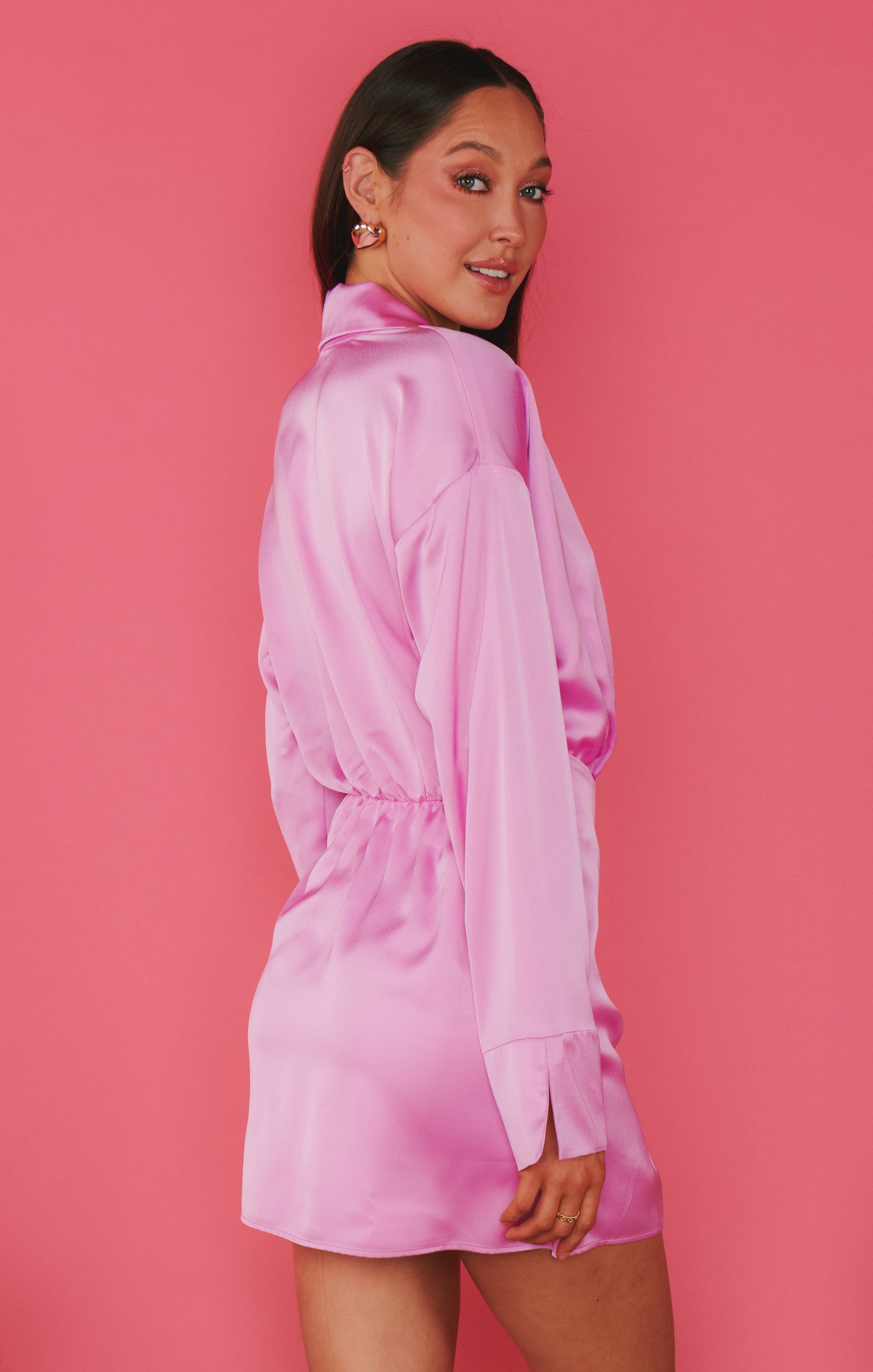 Clara Collared Mini Dress in Luxe Satin | Purple Pink