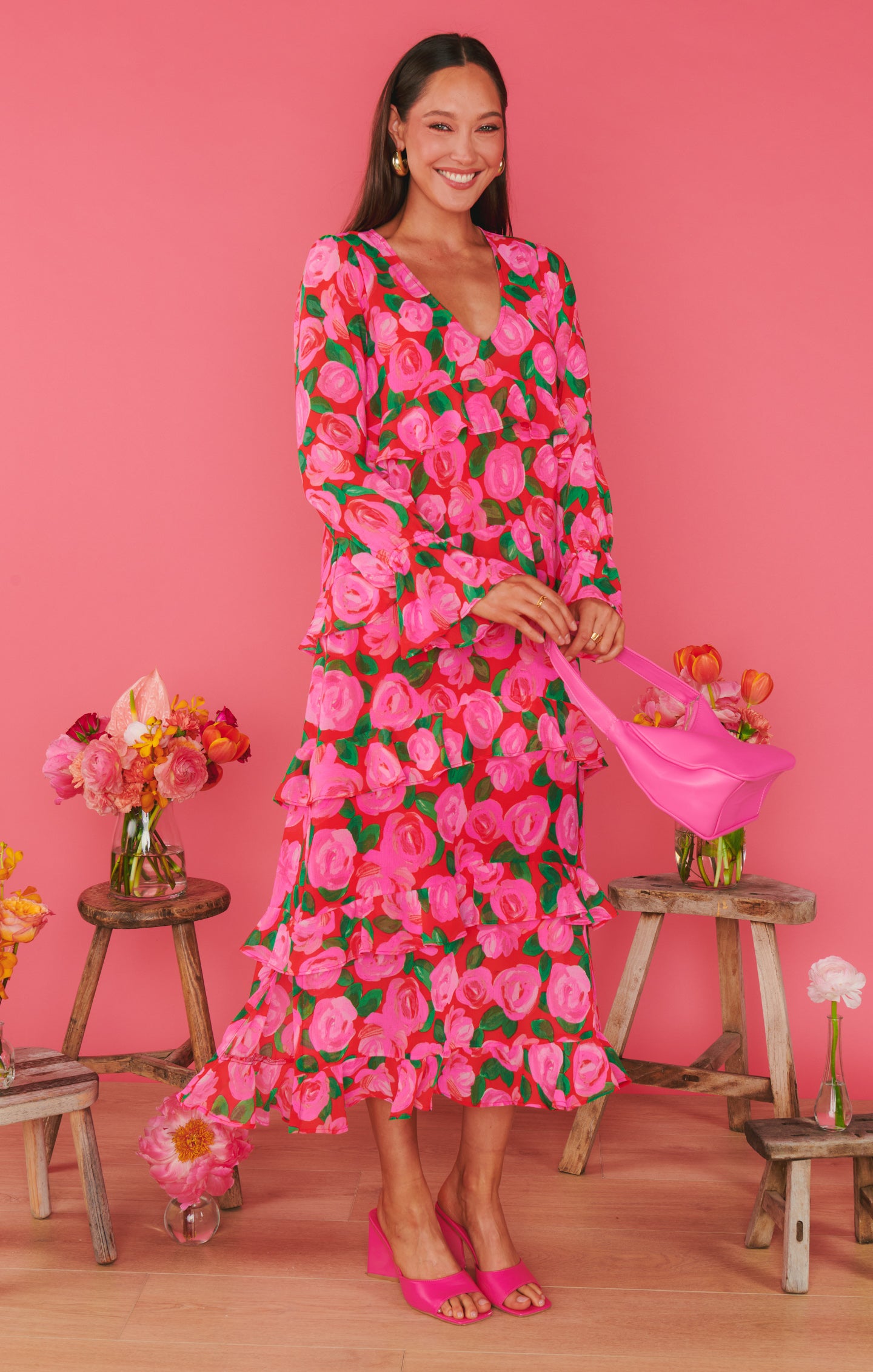 Flowy V-Neck Maxi Dress with Ruffled Tiers | Rosie Blooms