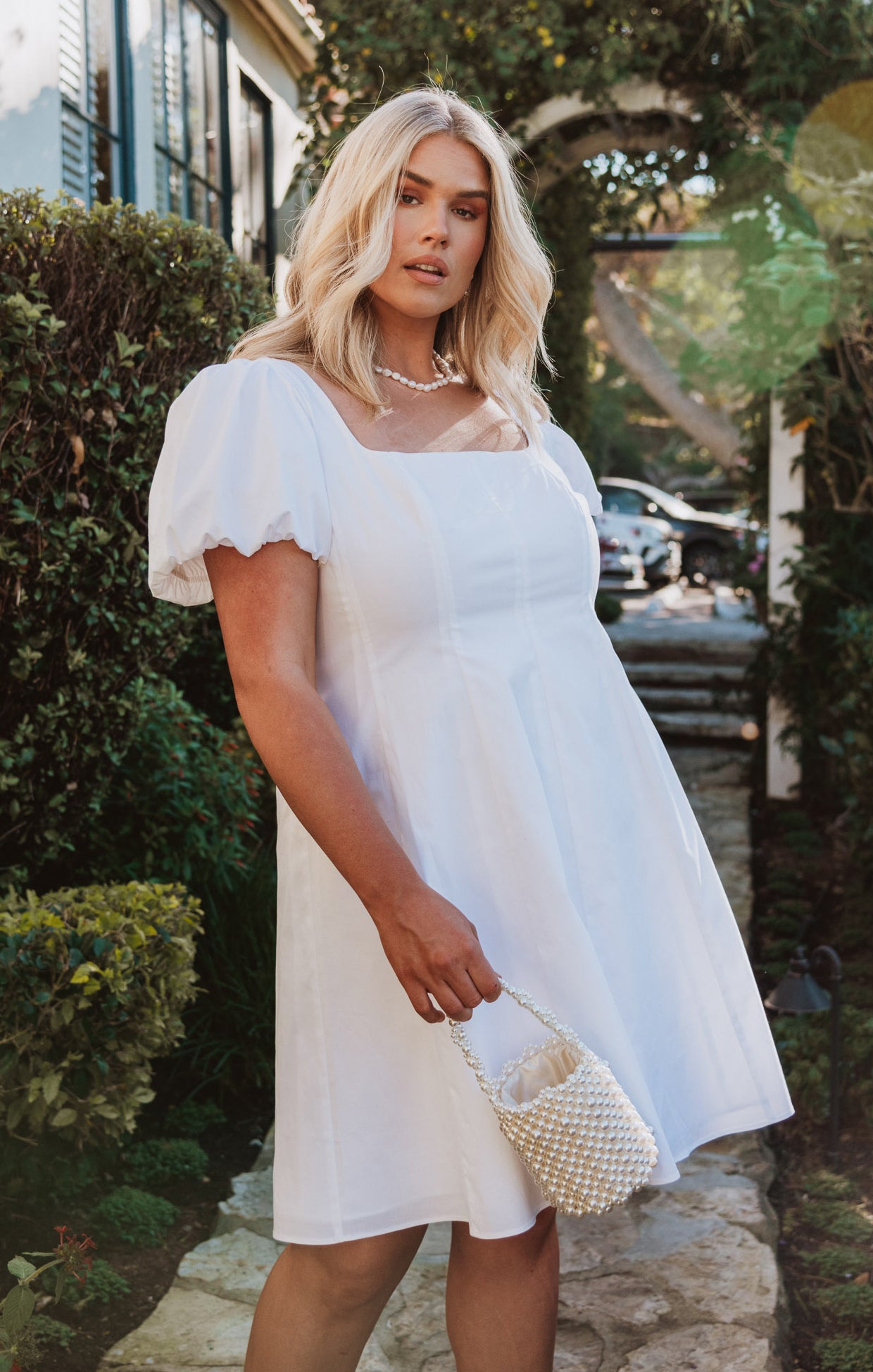Flowy White Poplin Dress with Poof Sleeves | Mia Dress