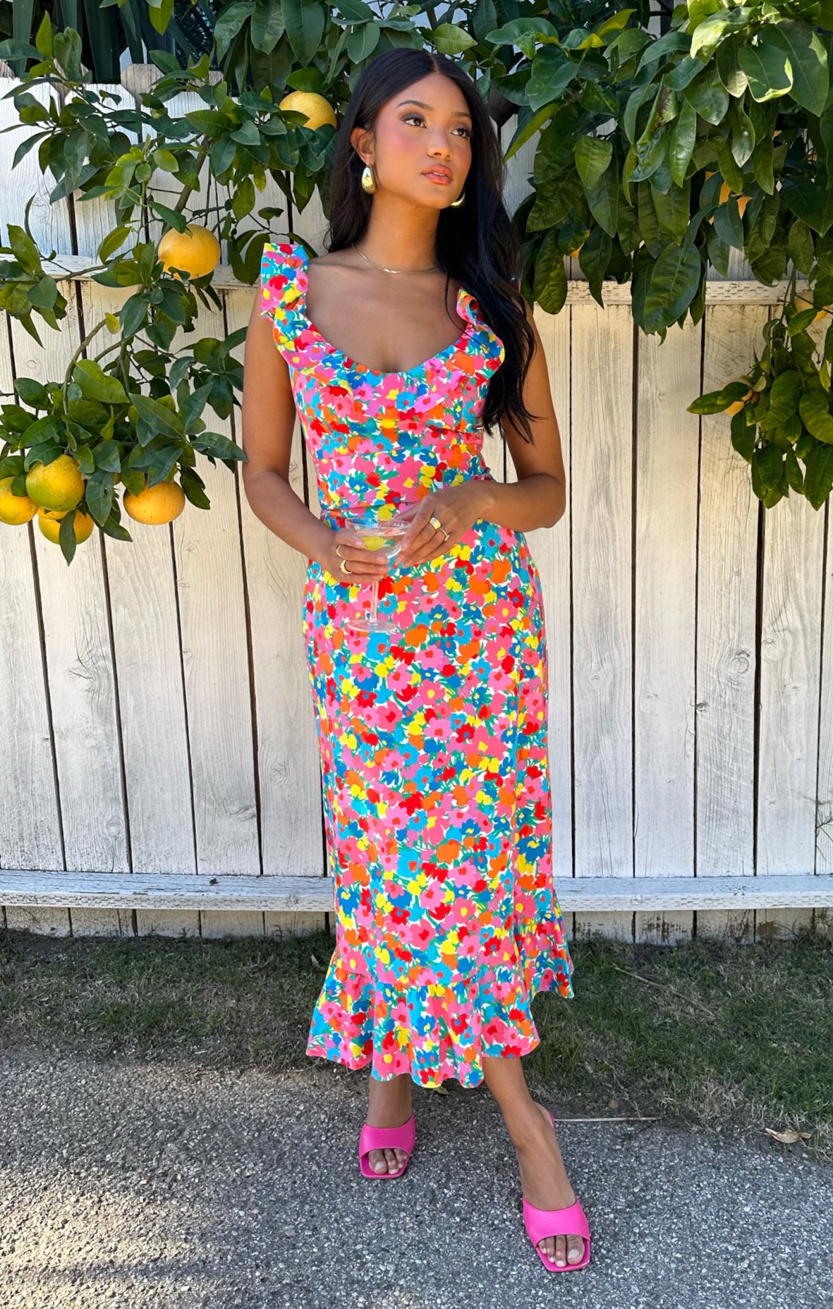 Floral Ruffled Midi Dress with Square Neckline & Smocked Back | Alexis