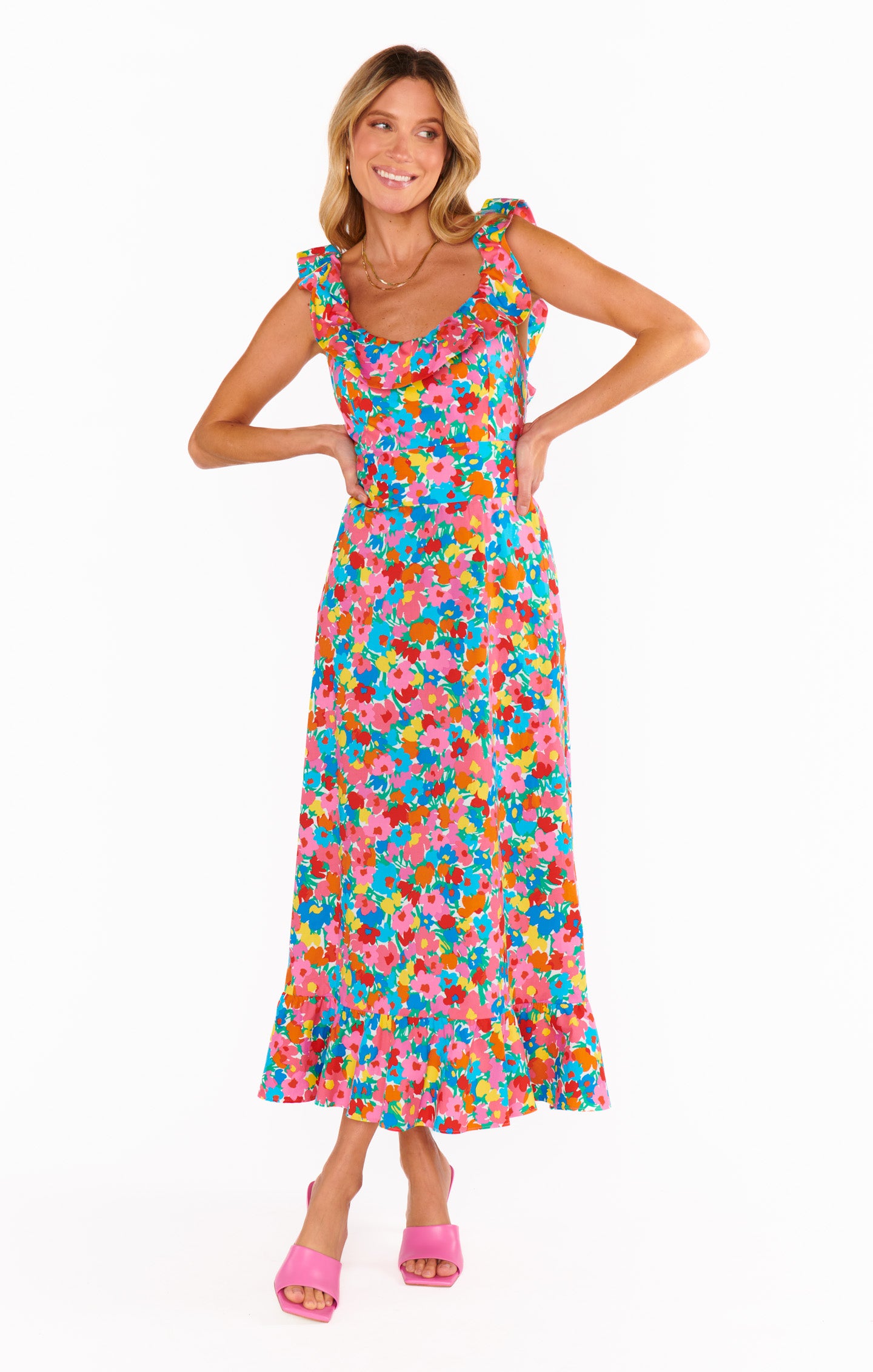 Floral Ruffled Midi Dress with Square Neckline & Smocked Back | Alexis