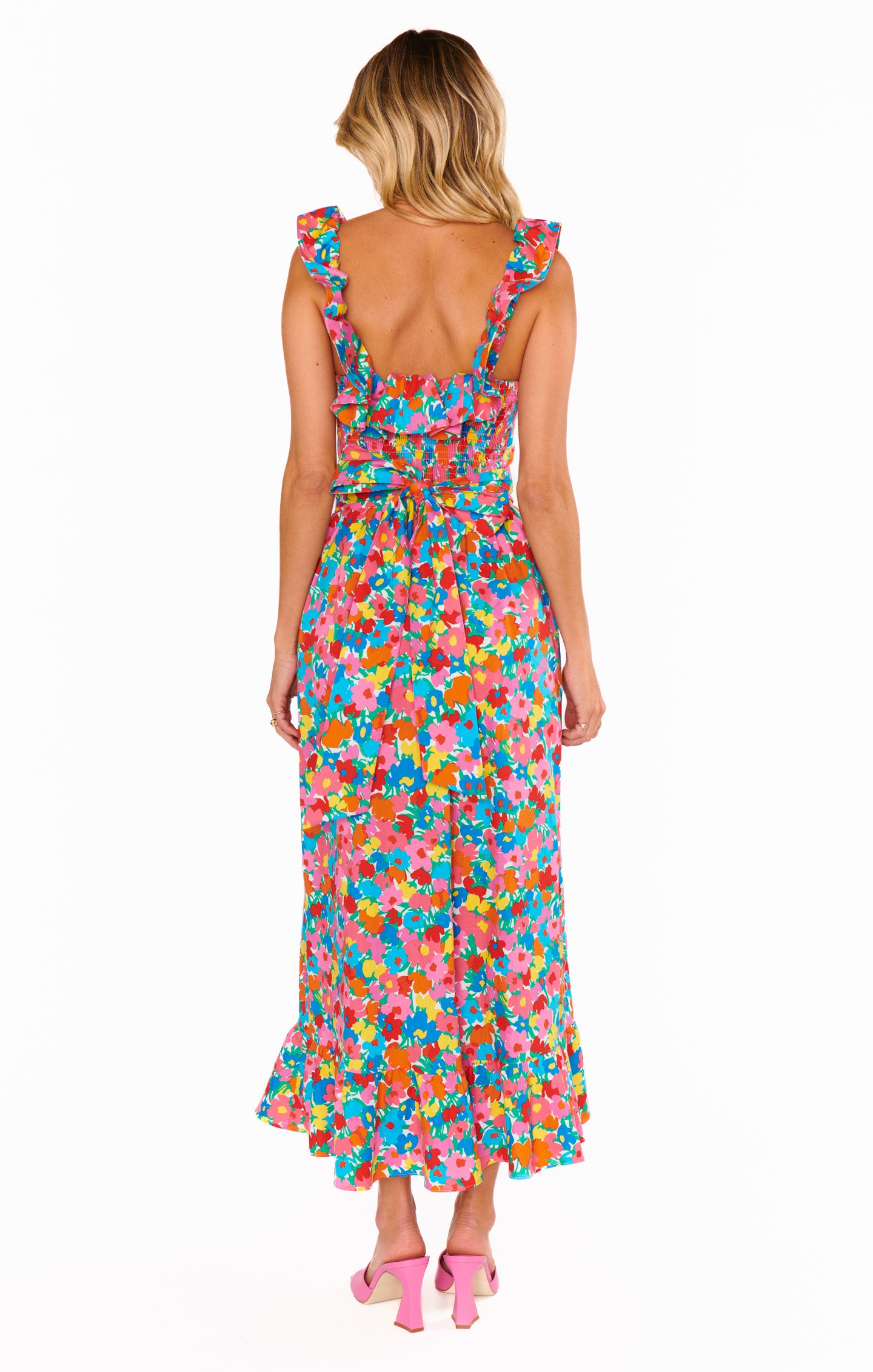 Floral Ruffled Midi Dress with Square Neckline & Smocked Back | Alexis