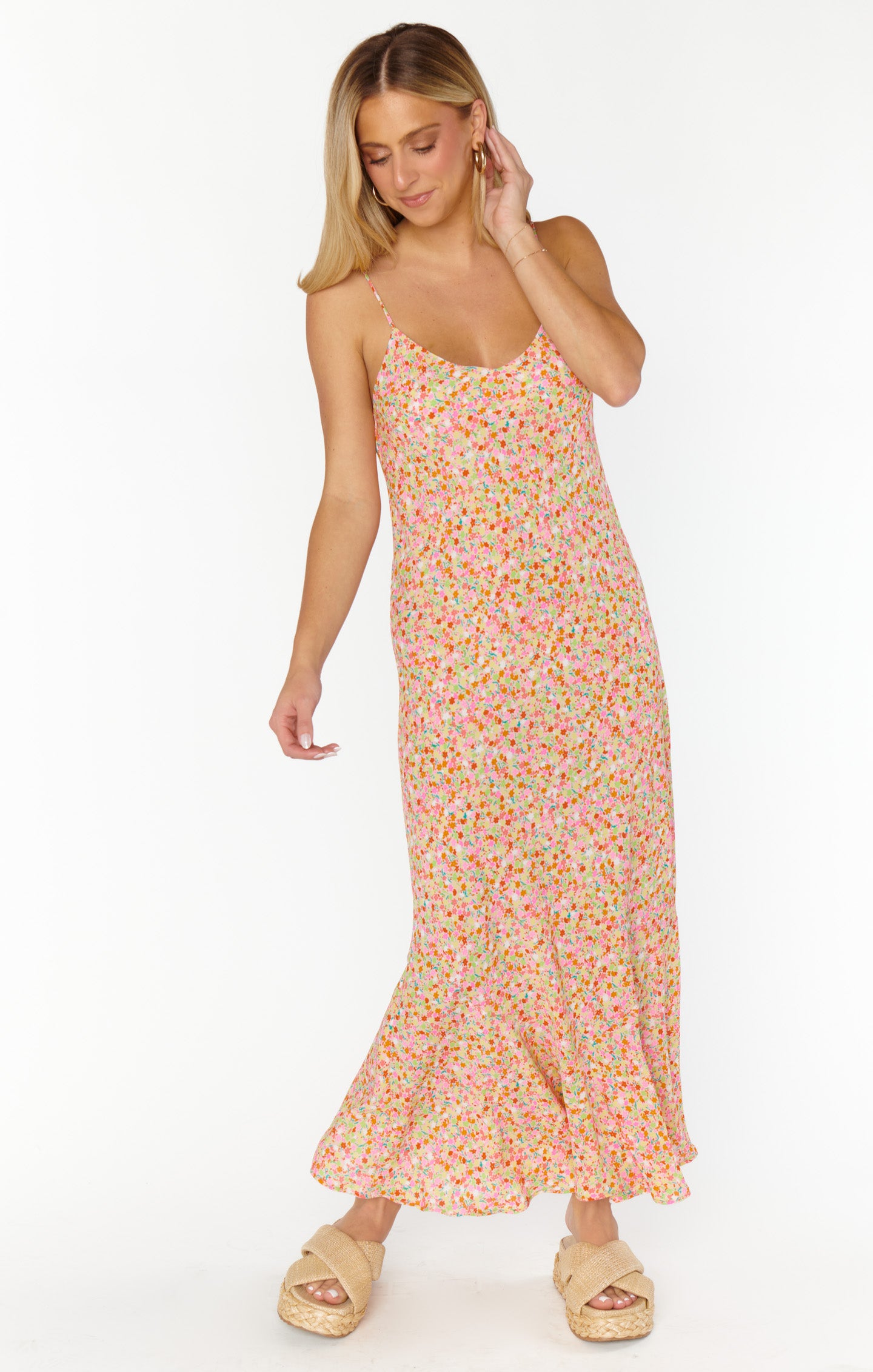 V-Neck Maxi Slip Dress with Adjustable Straps & Shelf Bra | Beachy Blossom