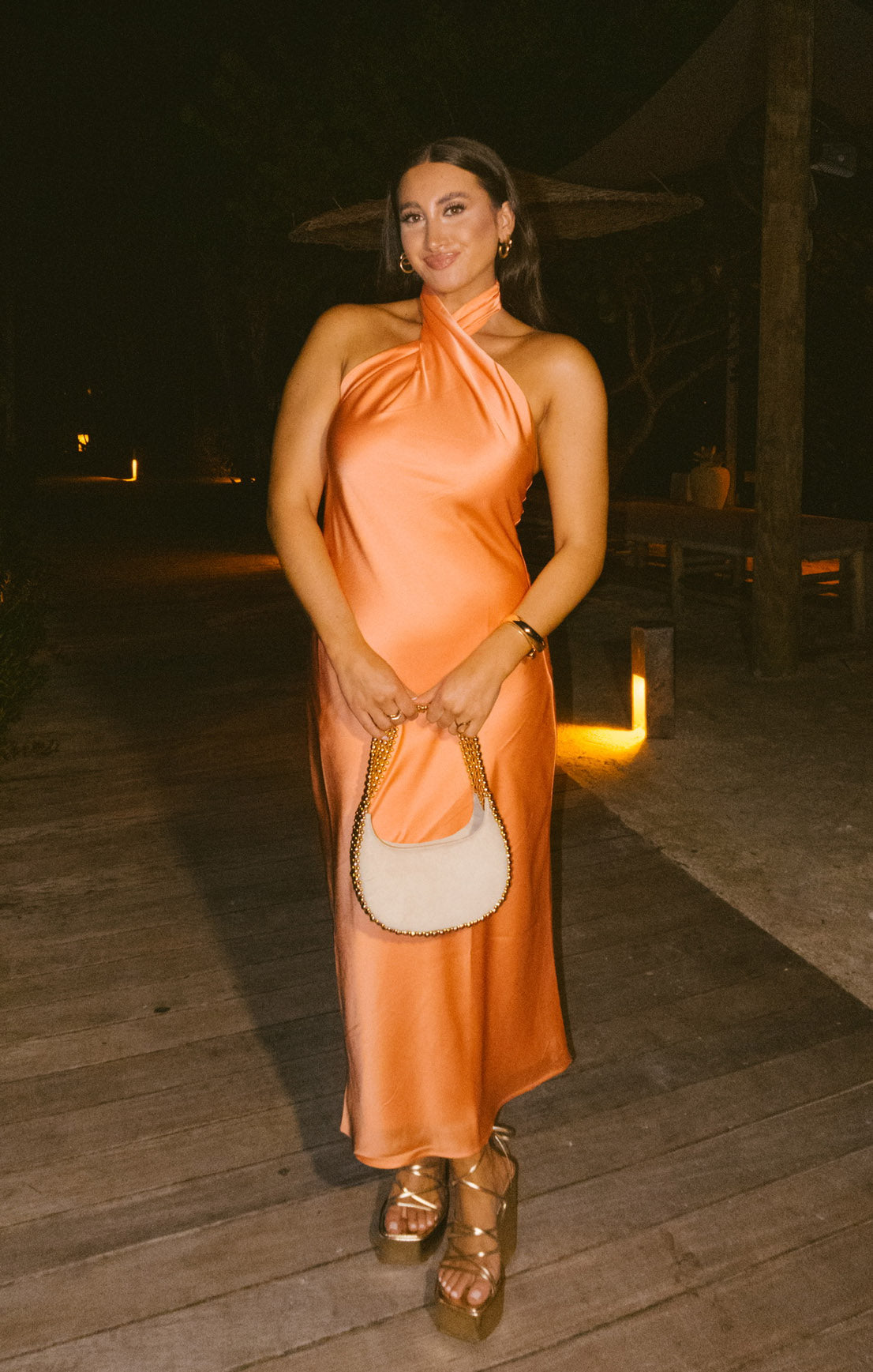Bias-Cut Satin Halter Midi Dress with Open Back | Cantaloupe Luxe