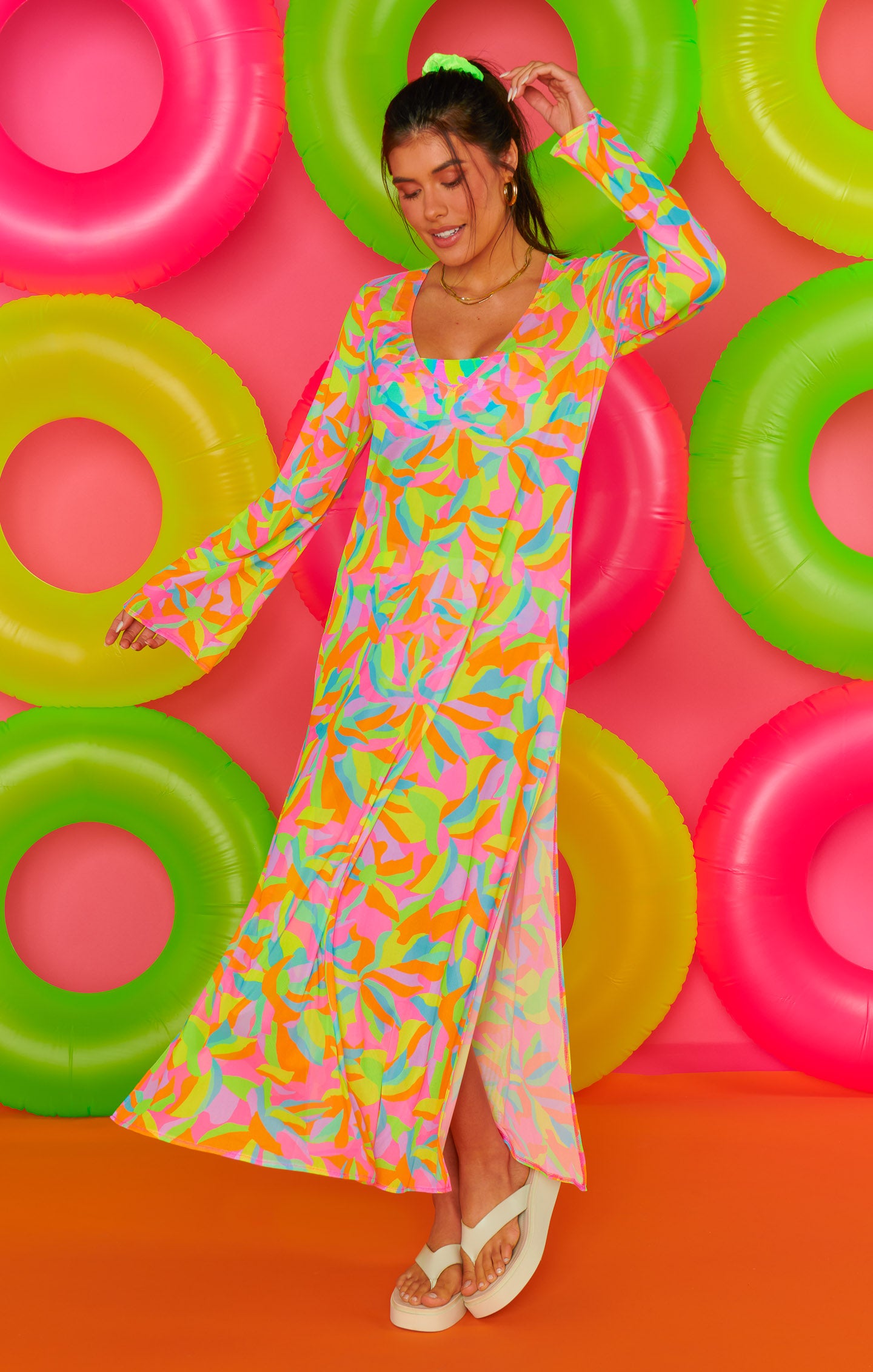 Vibrant Rainbow Mesh Maxi Cover Up for Beach | Santos Neon Tropics