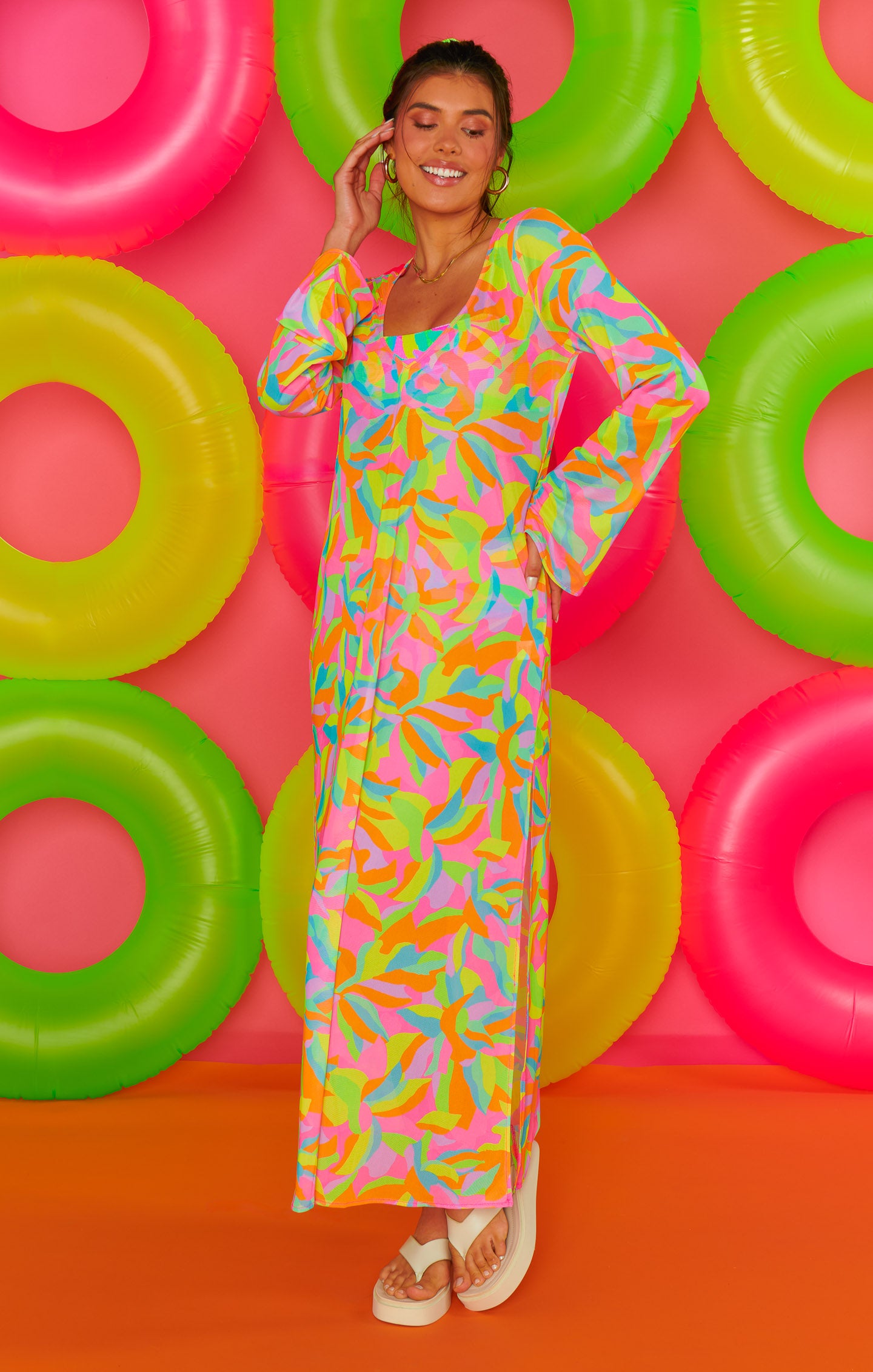 Vibrant Rainbow Mesh Maxi Cover Up for Beach | Santos Neon Tropics