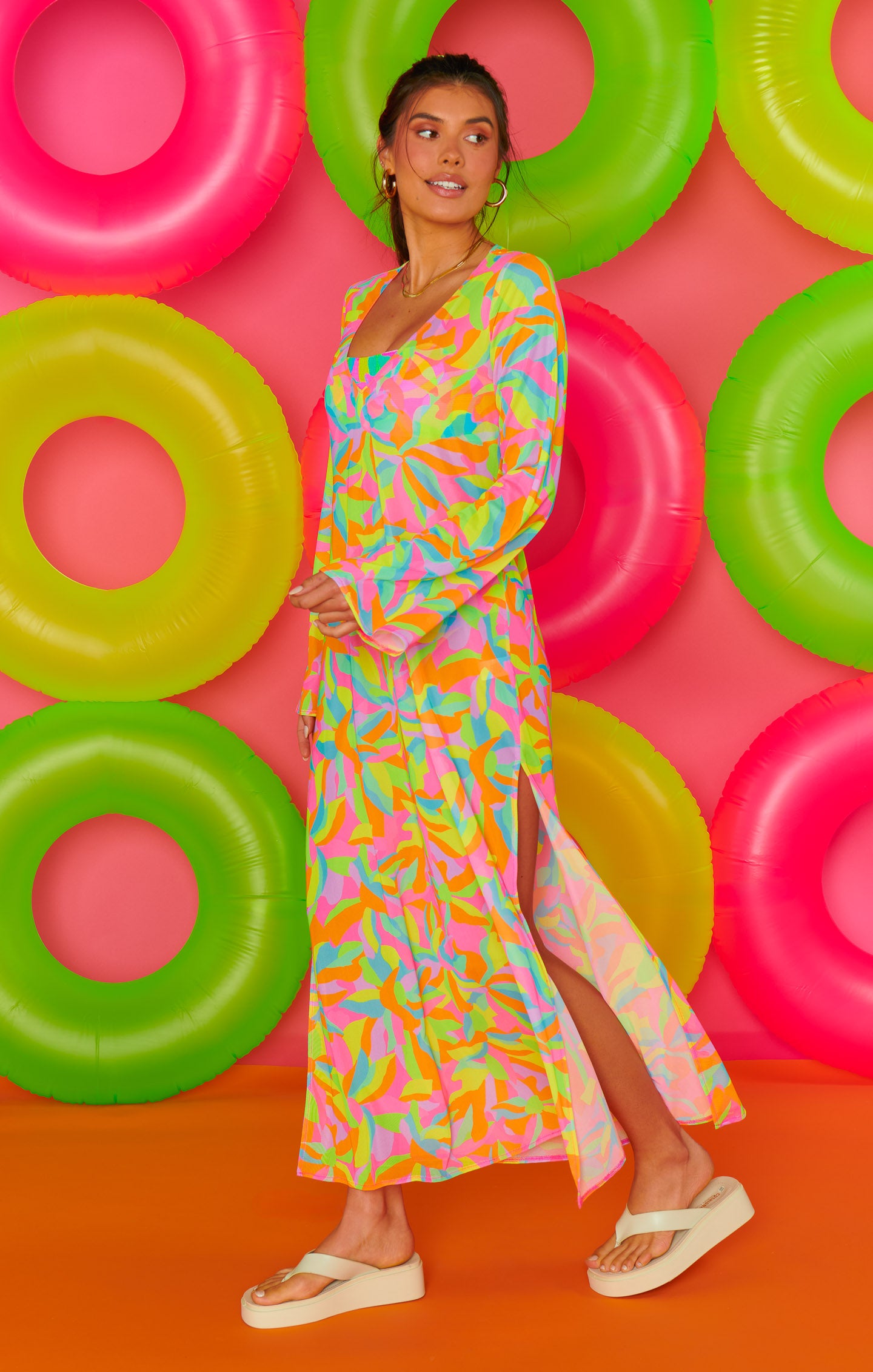 Vibrant Rainbow Mesh Maxi Cover Up for Beach | Santos Neon Tropics