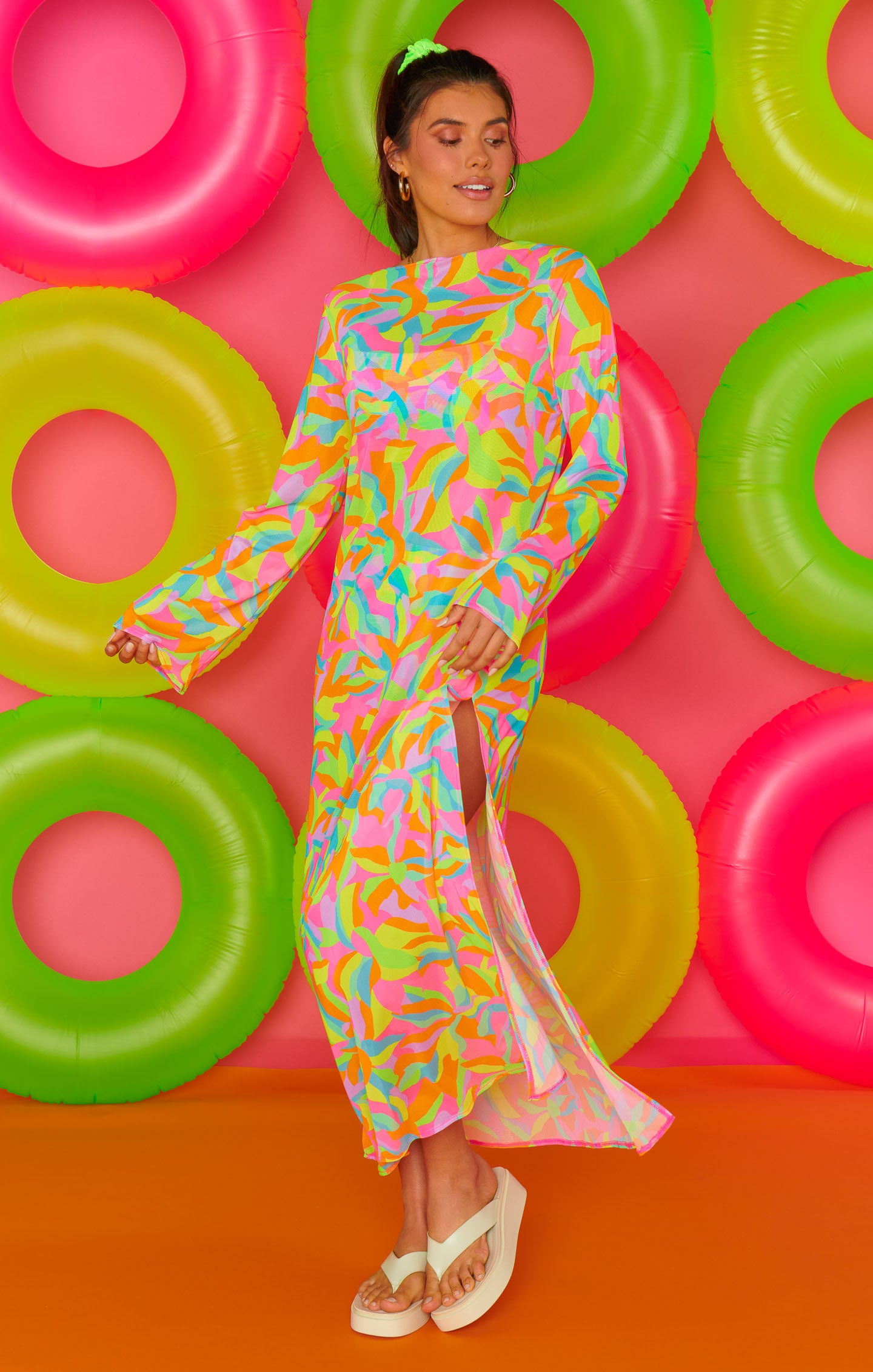Vibrant Rainbow Mesh Maxi Cover Up for Beach | Santos Neon Tropics