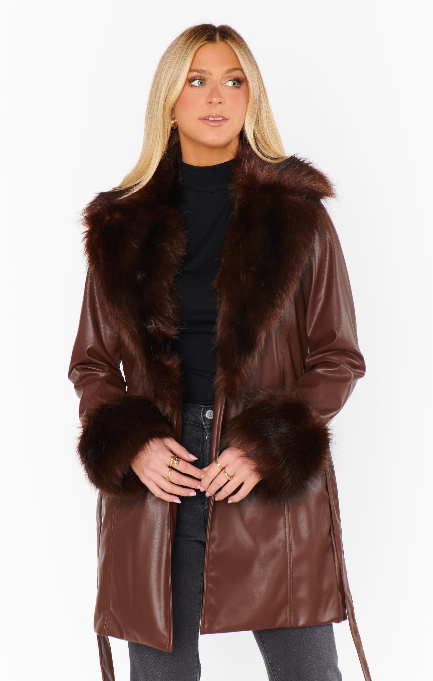 Faux Leather Coat with Faux Fur Collar & Belt | Penny Lane