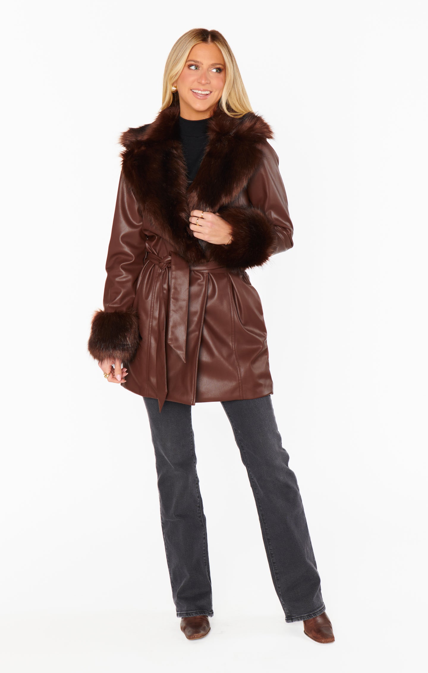 Faux Leather Coat with Faux Fur Collar & Belt | Penny Lane