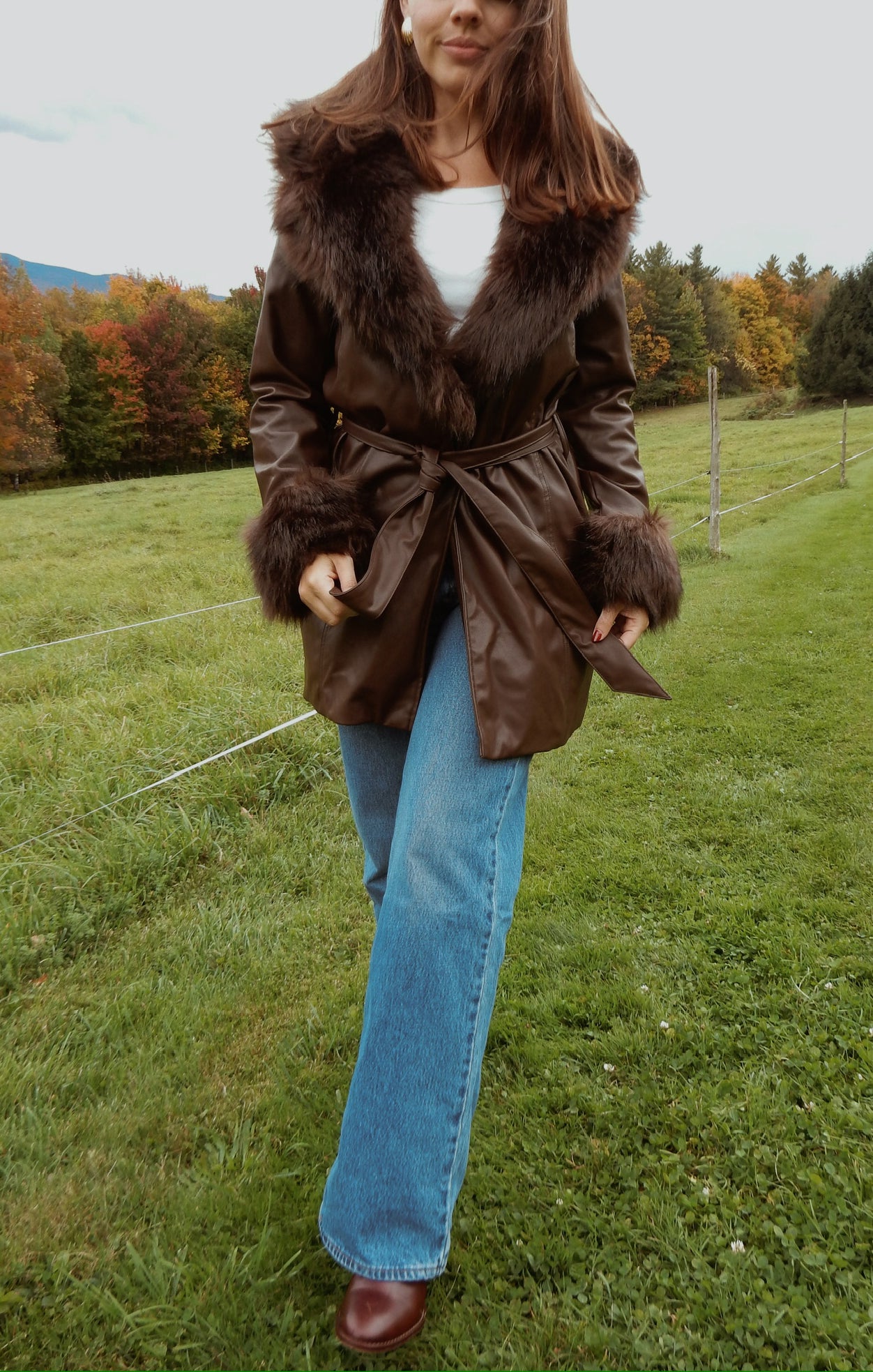 Faux Leather Coat with Faux Fur Collar & Belt | Penny Lane