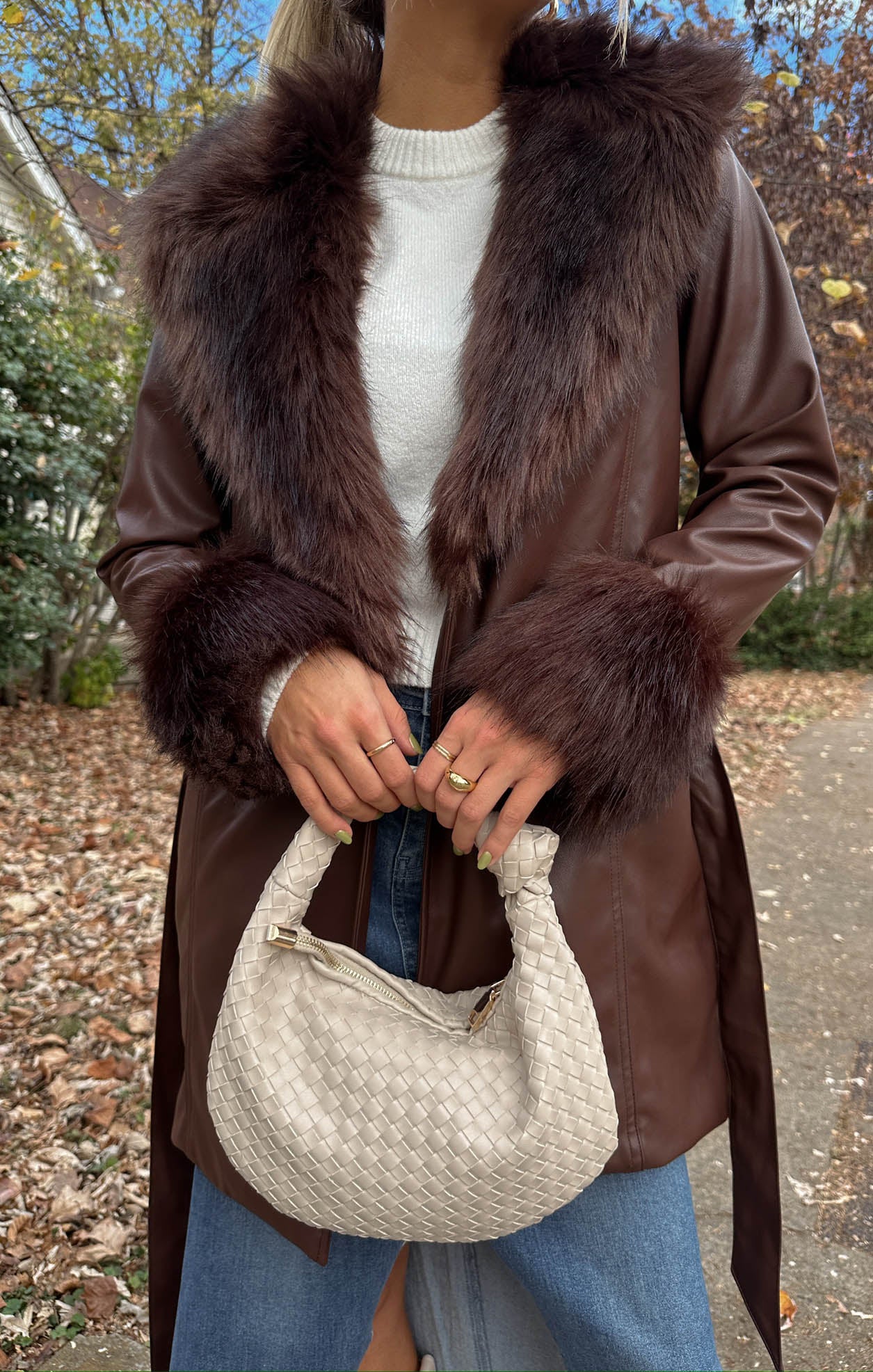 Faux Leather Coat with Faux Fur Collar & Belt | Penny Lane