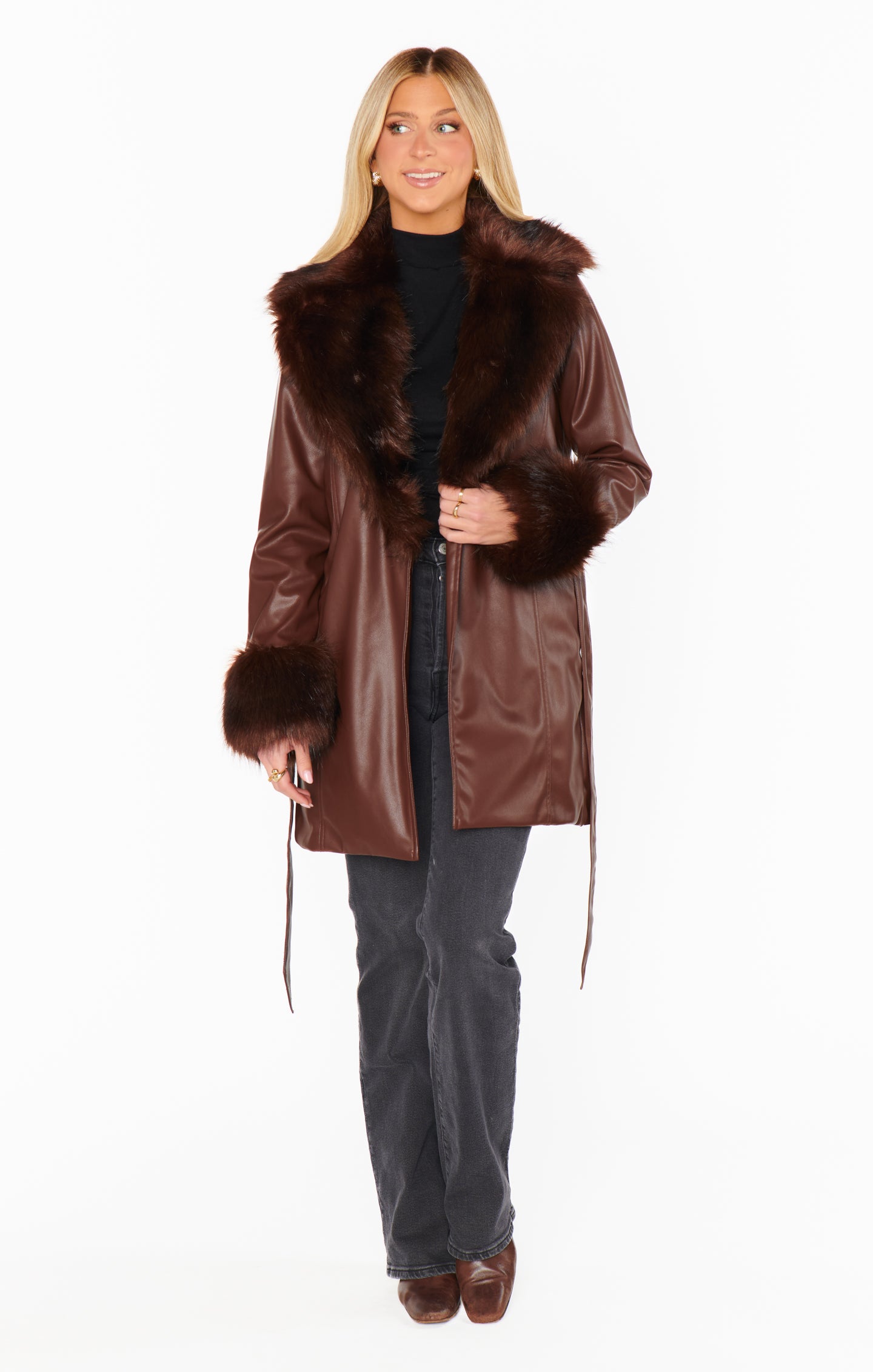 Faux Leather Coat with Faux Fur Collar & Belt | Penny Lane