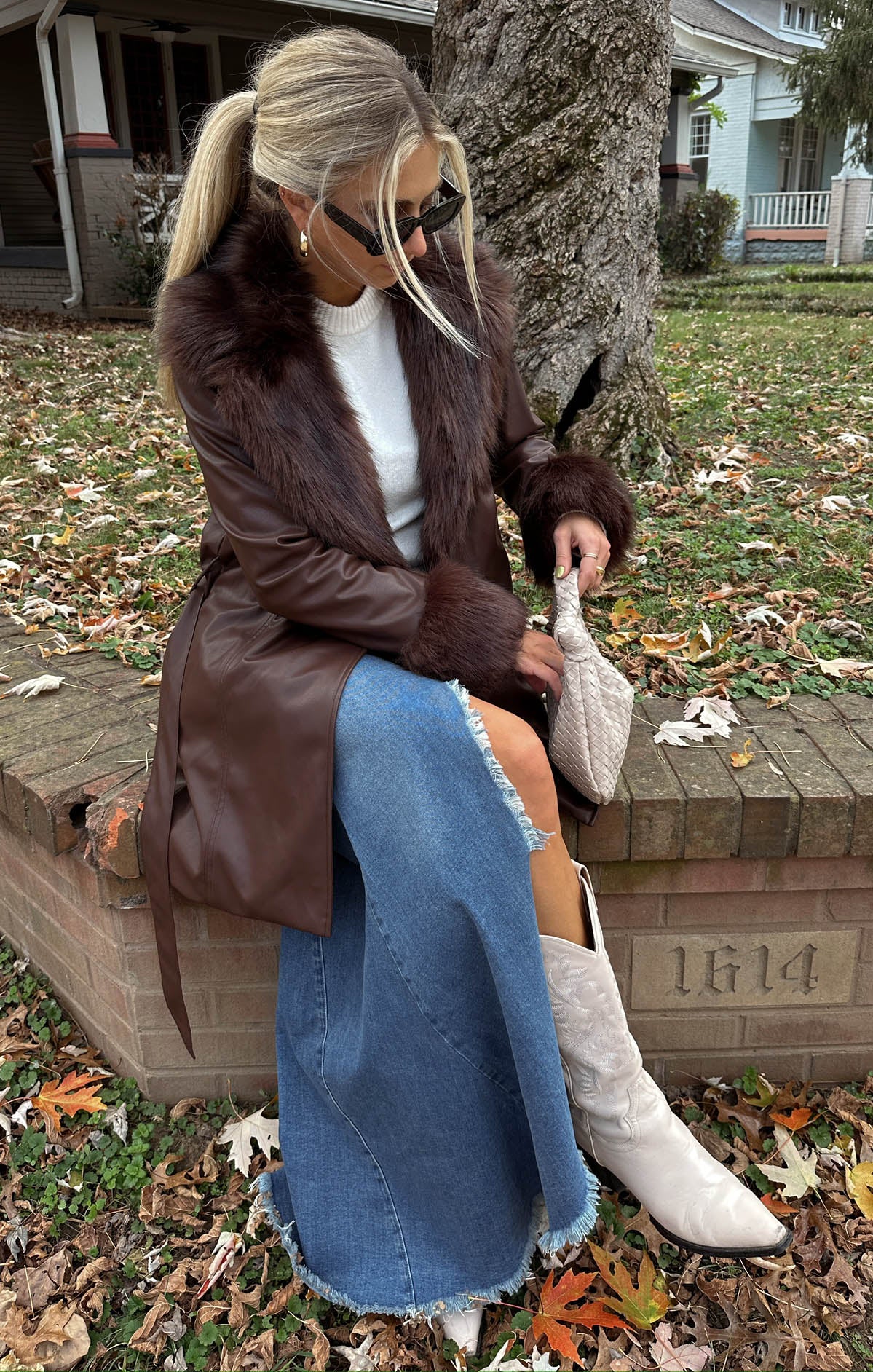 Faux Leather Coat with Faux Fur Collar & Belt | Penny Lane