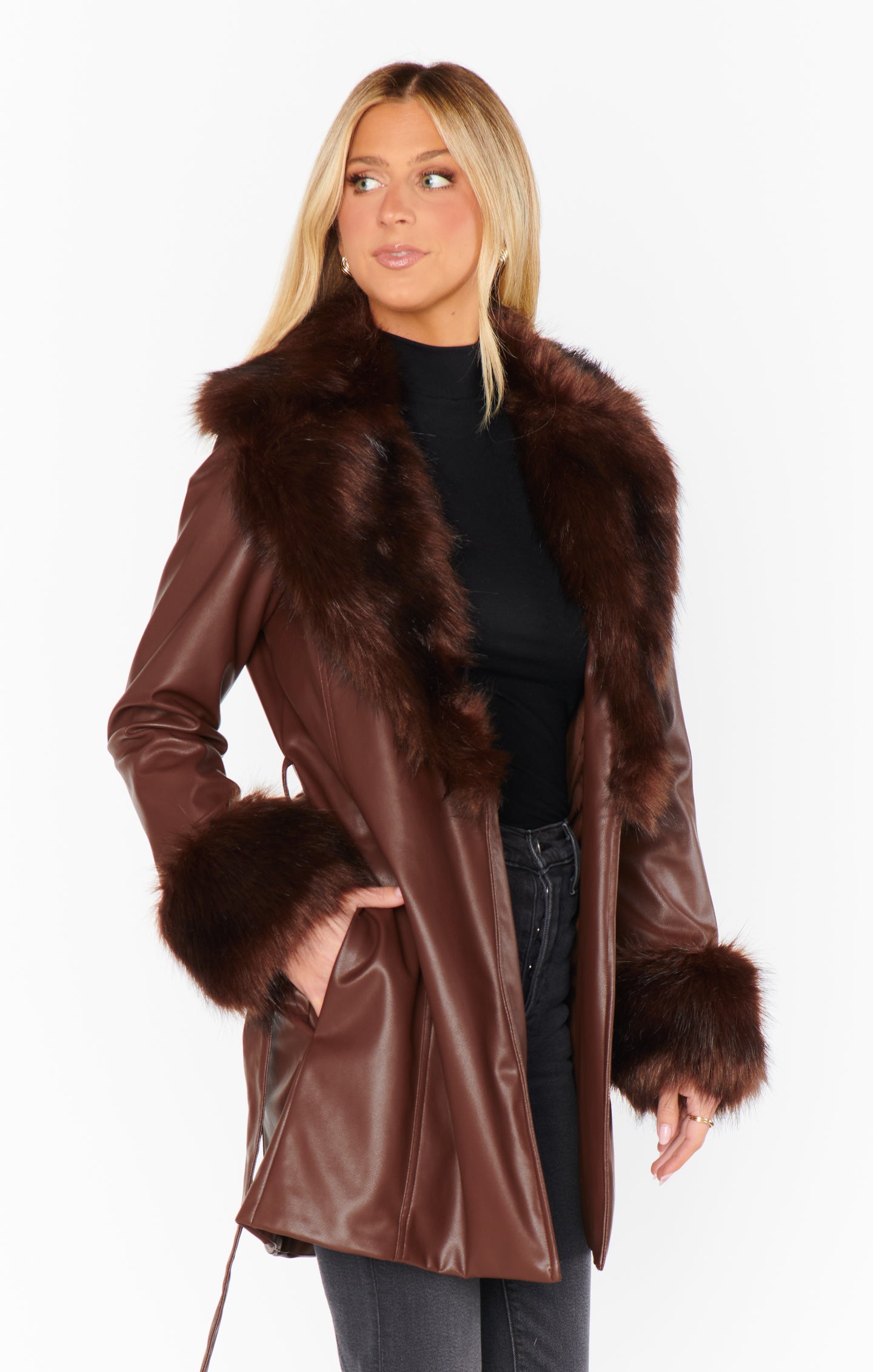 Faux Leather Coat with Faux Fur Collar & Belt | Penny Lane