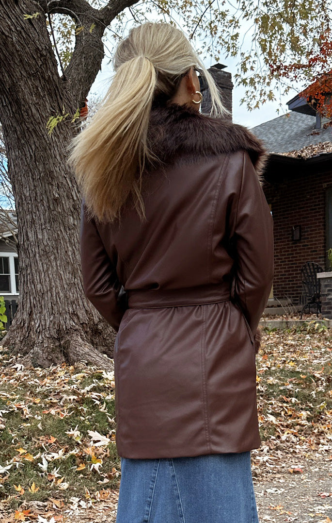 Faux Leather Coat with Faux Fur Collar & Belt | Penny Lane