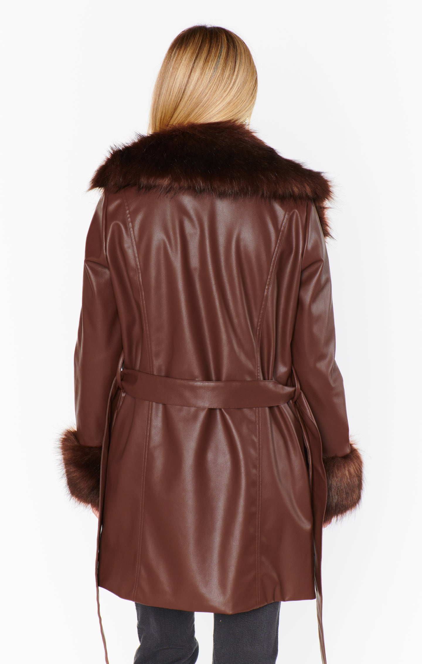 Faux Leather Coat with Faux Fur Collar & Belt | Penny Lane