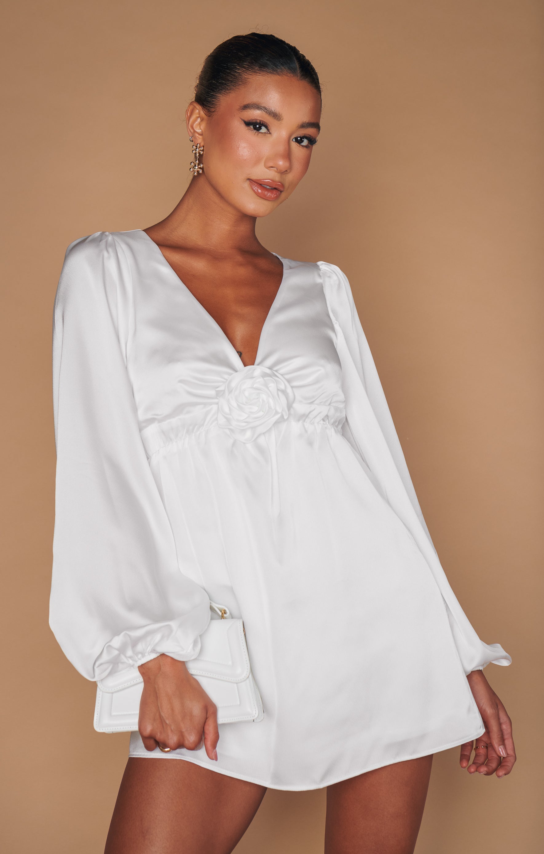 Ivory Satin Mini Dress with Bubble Sleeves | Rosetta