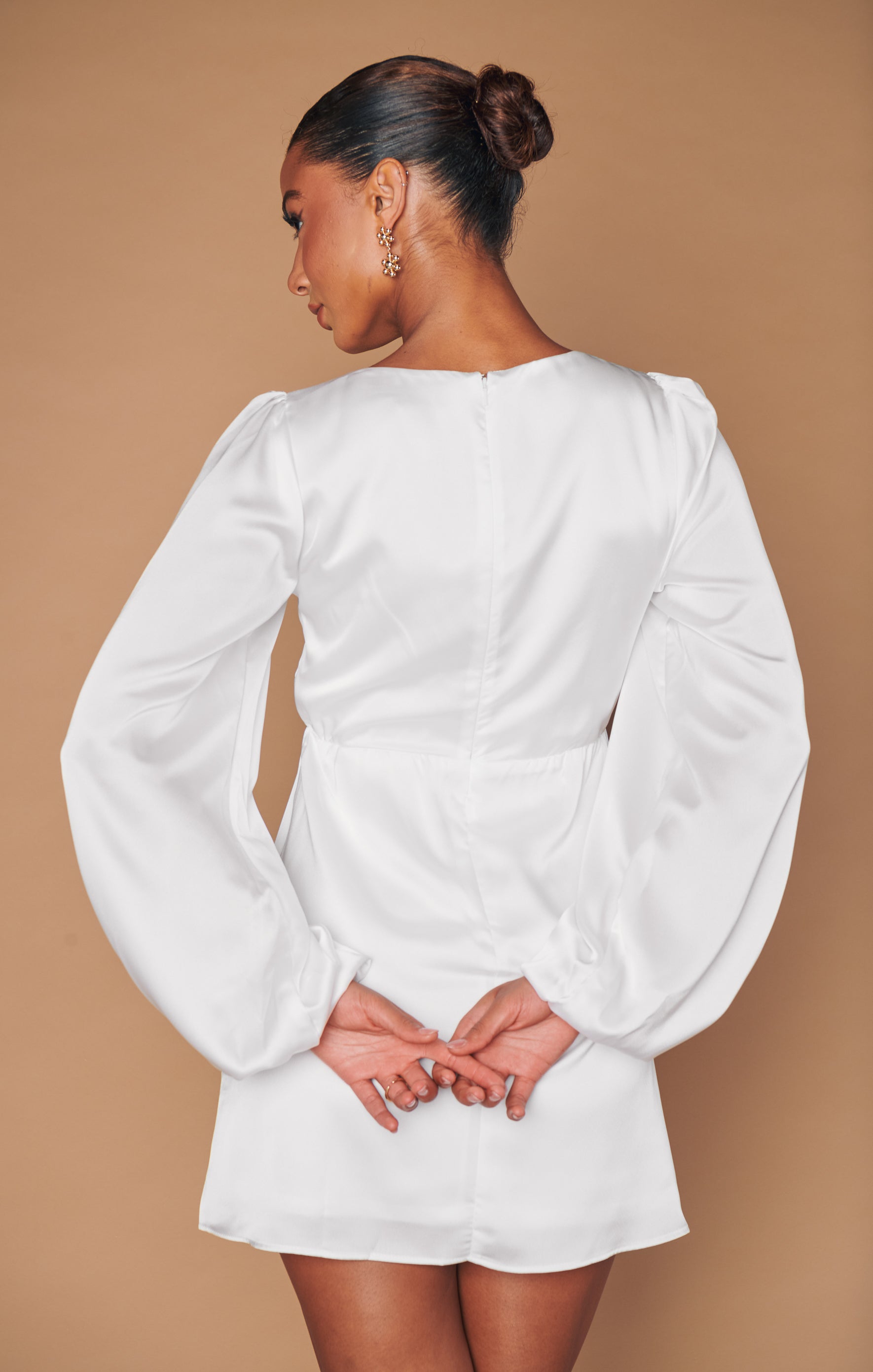 Ivory Satin Mini Dress with Bubble Sleeves | Rosetta