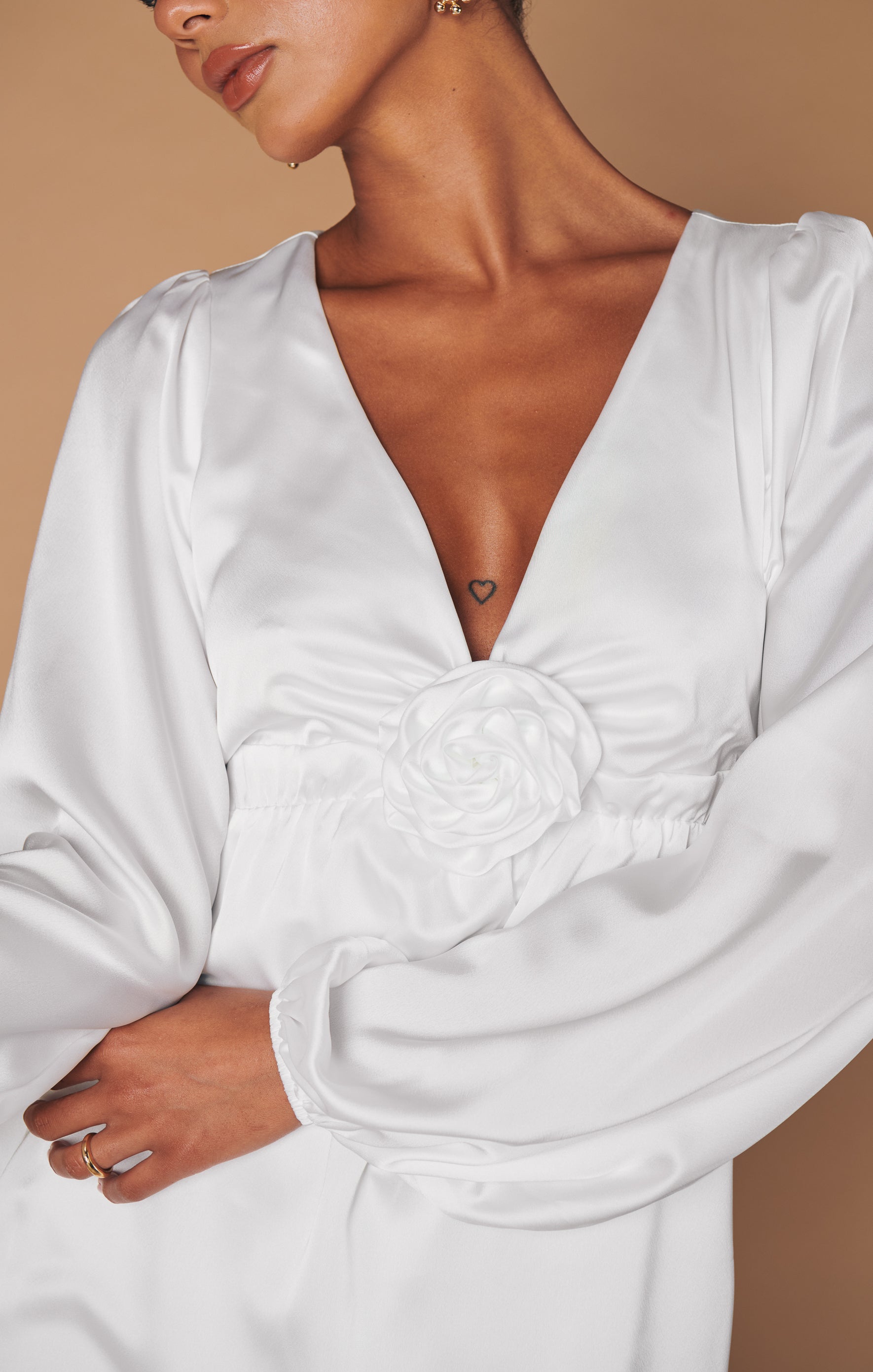 Ivory Satin Mini Dress with Bubble Sleeves | Rosetta