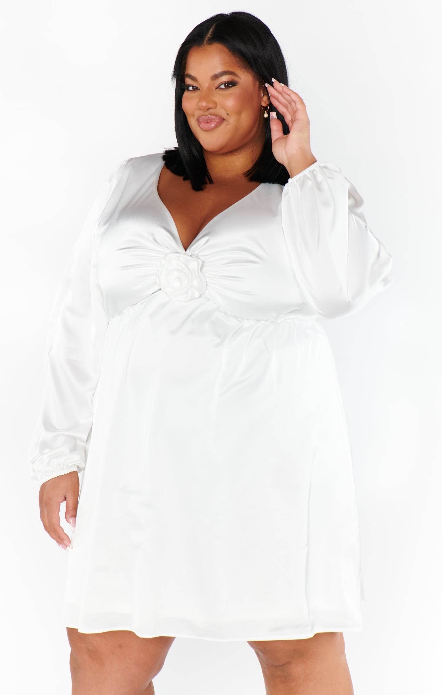 Ivory Satin Mini Dress with Bubble Sleeves | Rosetta