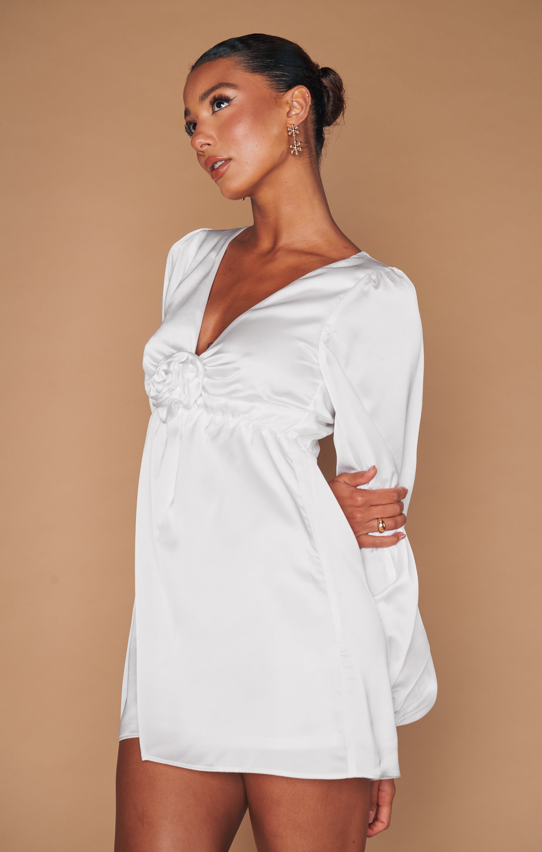 Ivory Satin Mini Dress with Bubble Sleeves | Rosetta