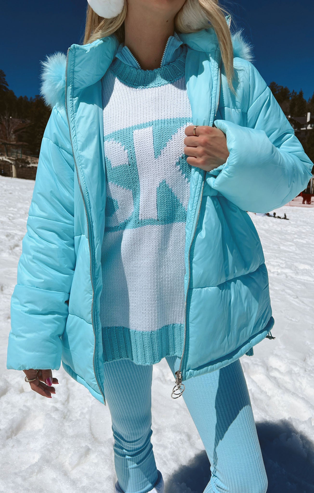 Powder Blue Puffer Jacket with Faux Fur Hood | Snowbird