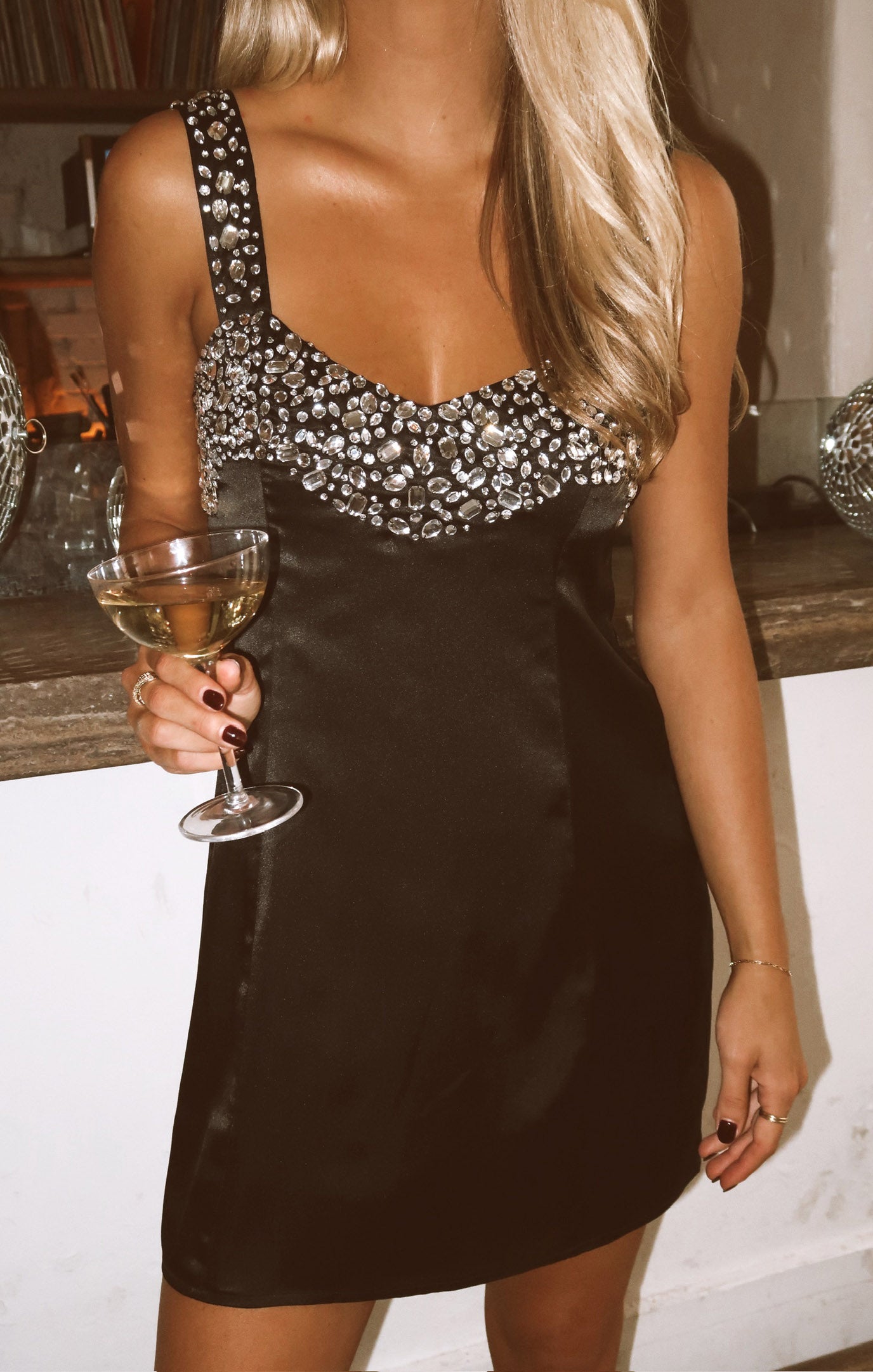 Black Bejeweled Mini Dress with Wide Straps | Pamela