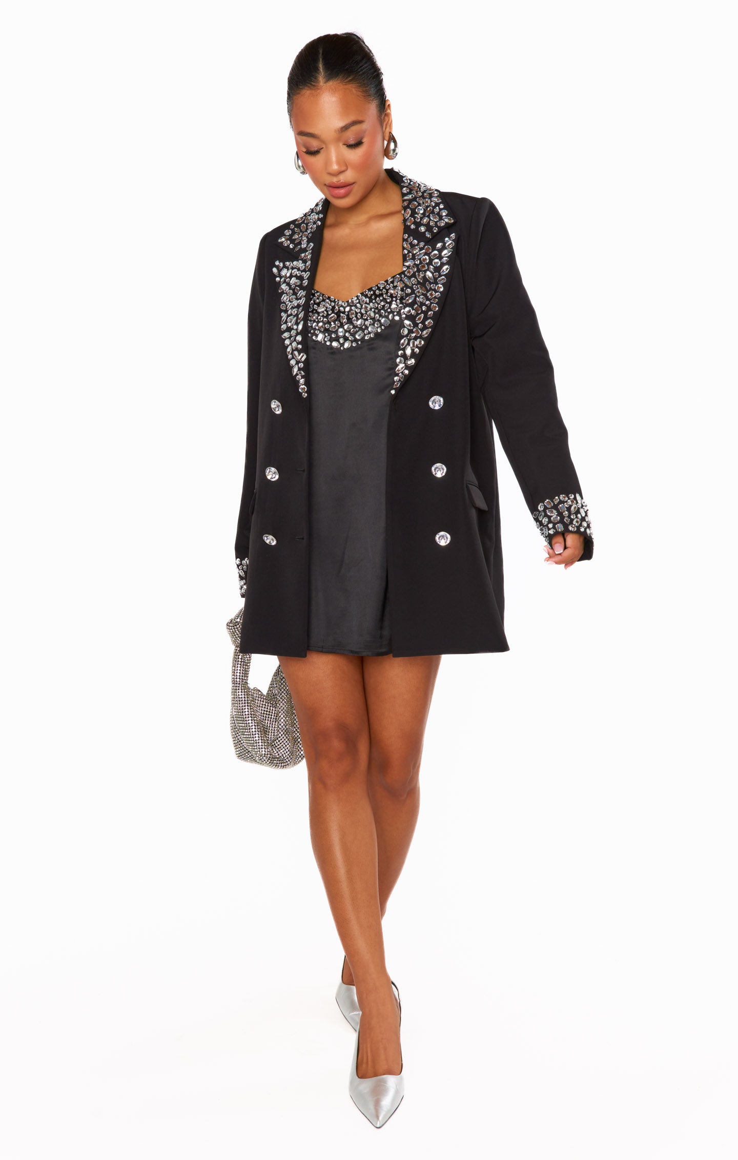Beaded Blazer Mini Dress for Events | Jeweled Black Suiting
