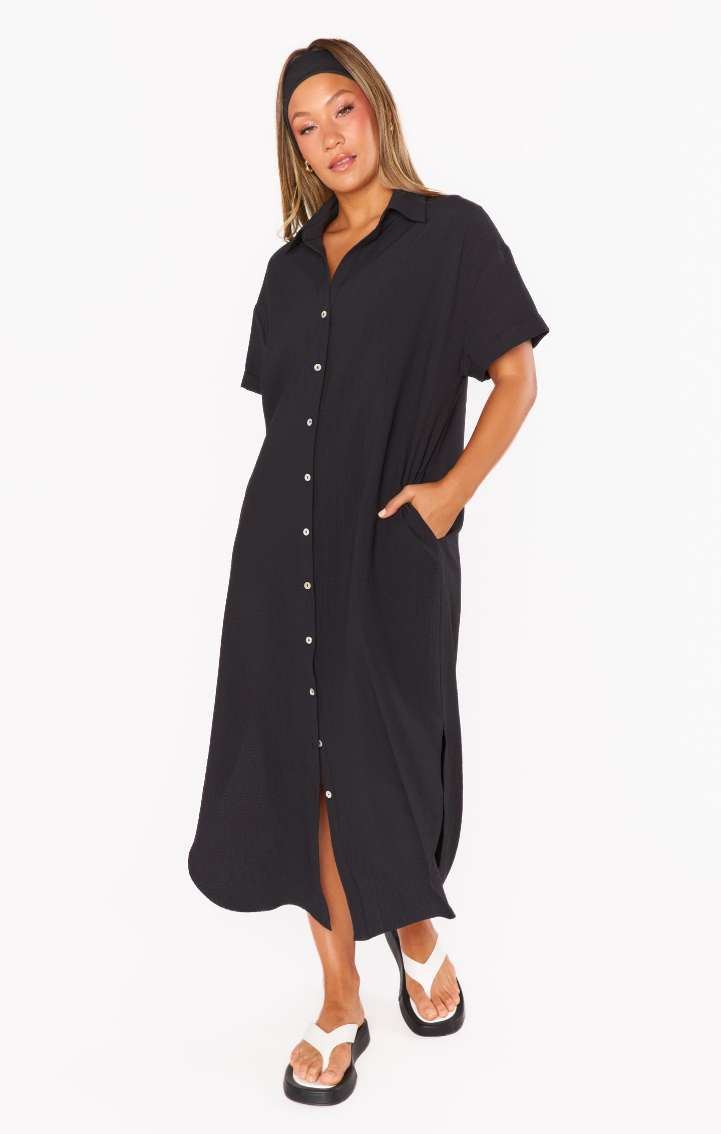Black Button Down Dress with Pockets & Side Slits | Buoy