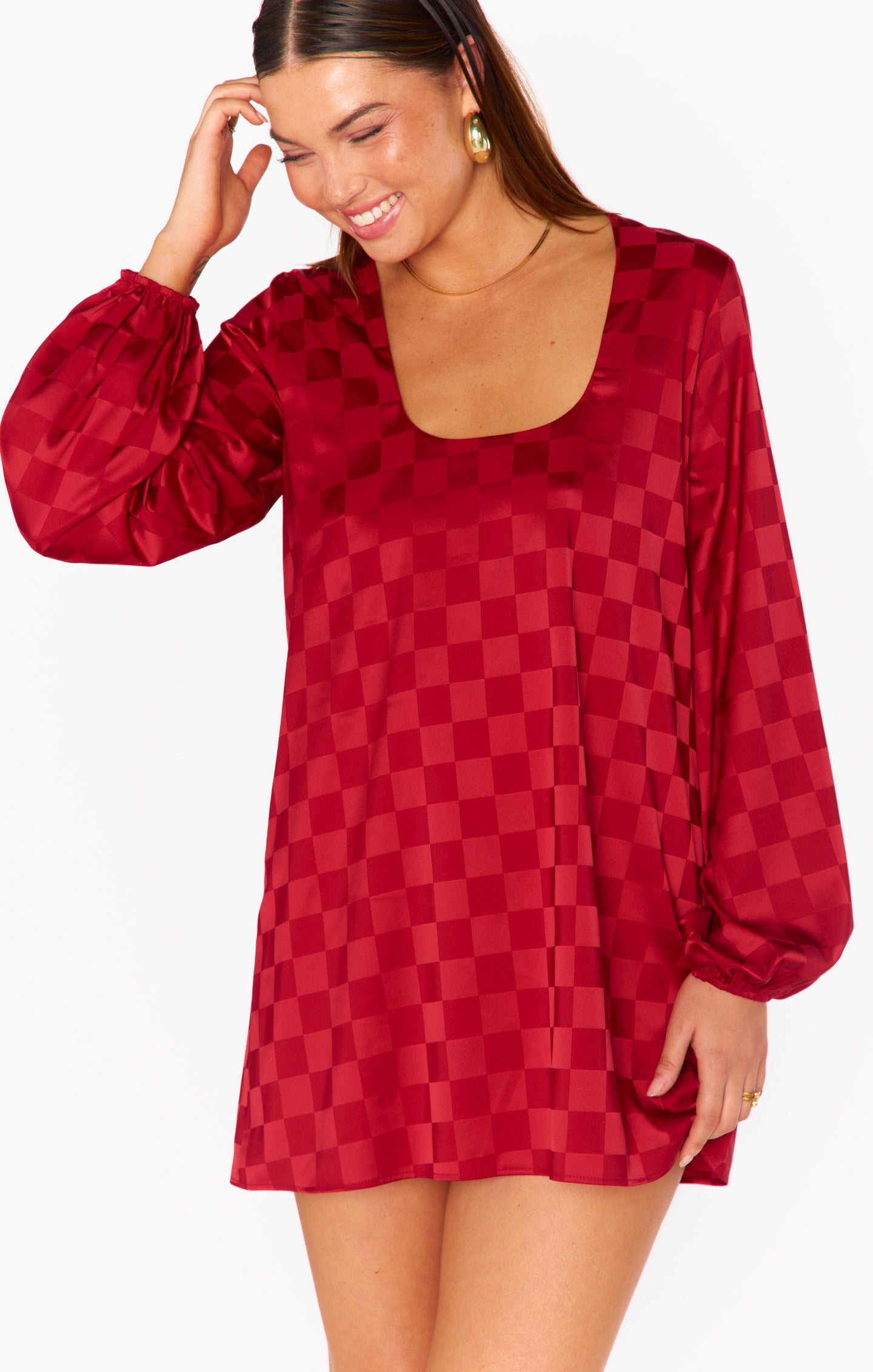 Red Checkerboard Satin Party Dress with Balloon Sleeves | Clarabelle