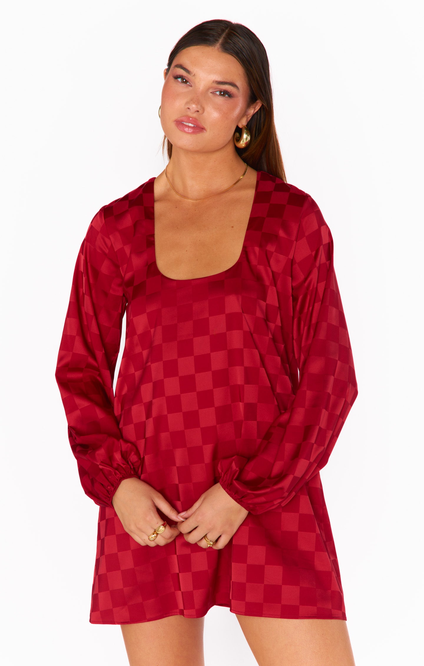 Red Checkerboard Satin Party Dress with Balloon Sleeves | Clarabelle