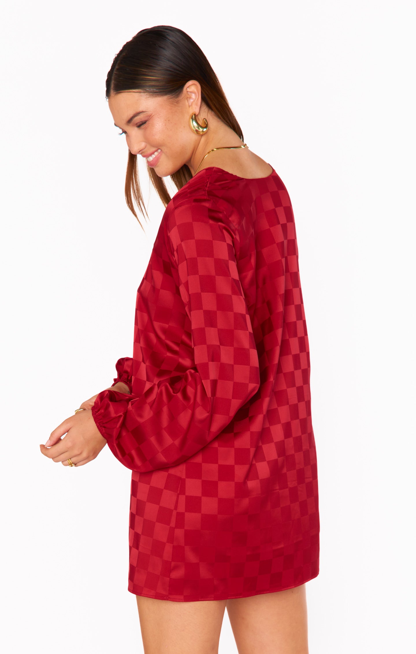 Red Checkerboard Satin Party Dress with Balloon Sleeves | Clarabelle