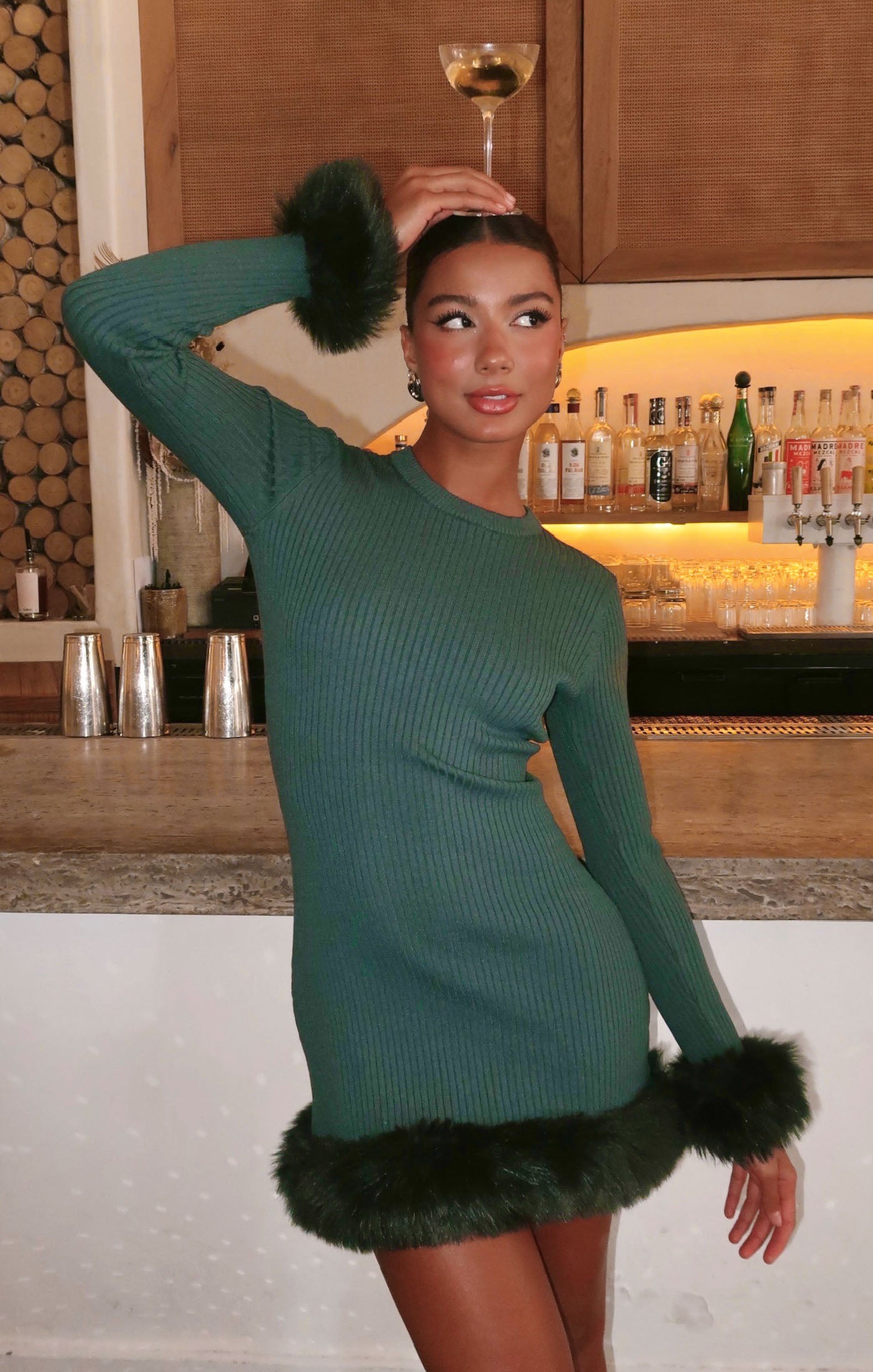 Emerald Knit Mini Dress with Faux Fur Hem | Fran