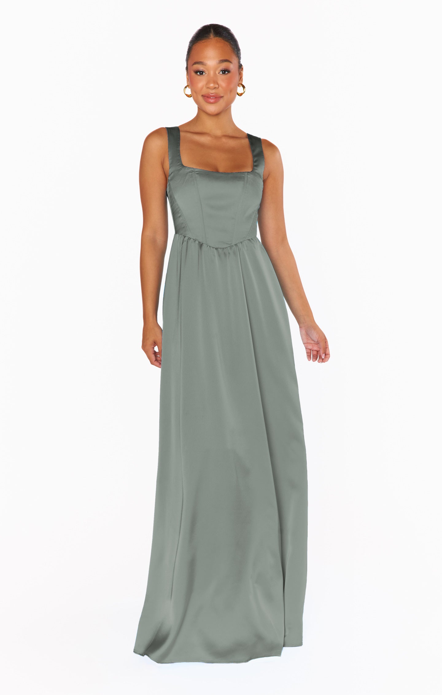 Elegant Satin Maxi Dress with Corset Bodice & Smocked Back | Nina
