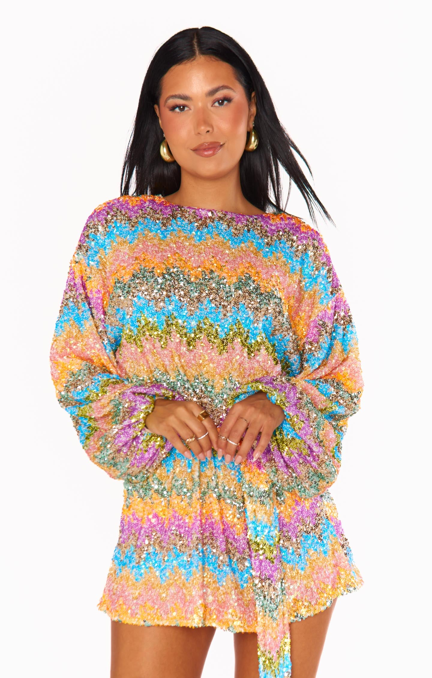Wavy Sequin Mini Dress with Bubble Sleeves | Sure Thing