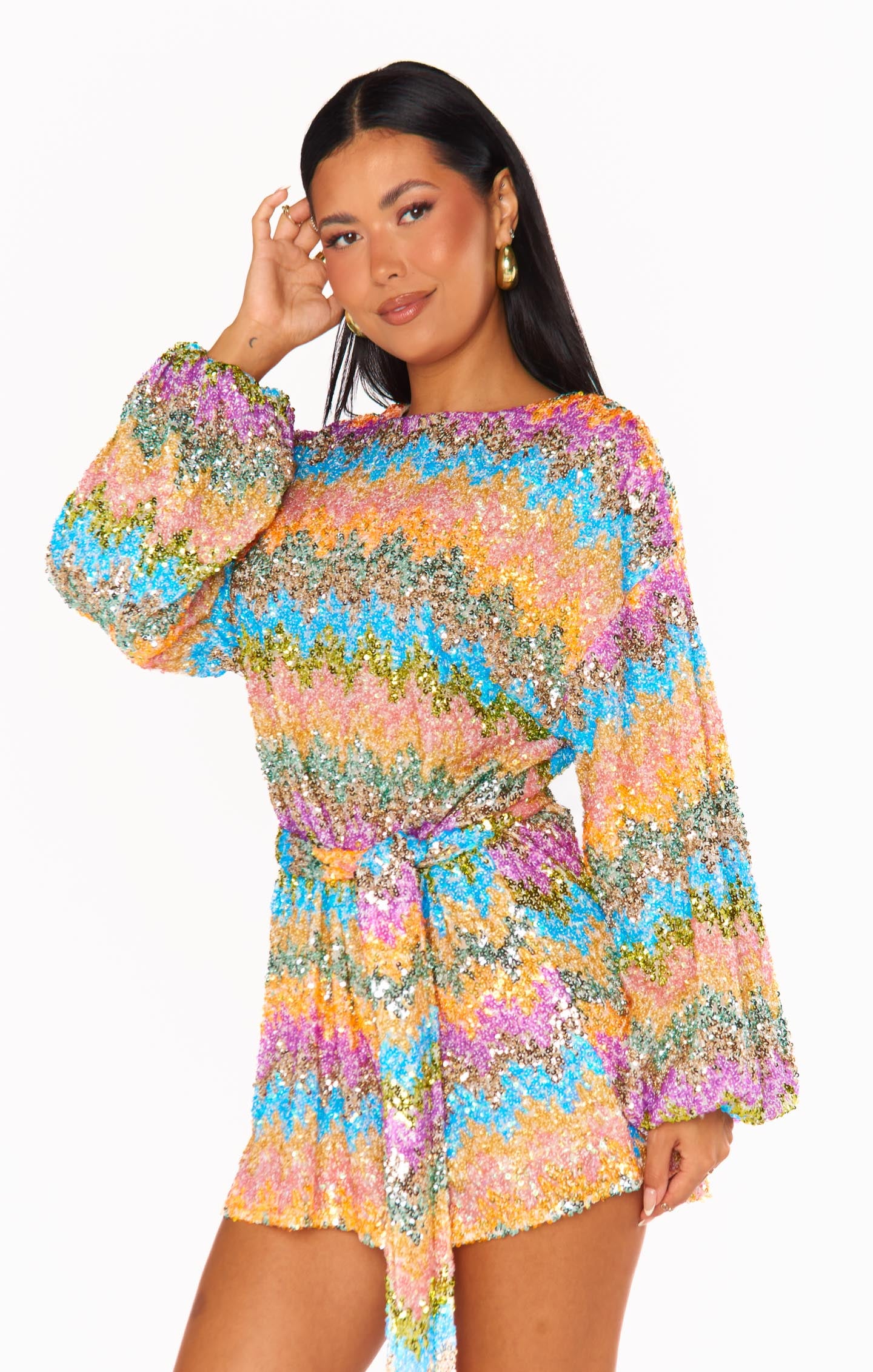 Wavy Sequin Mini Dress with Bubble Sleeves | Sure Thing