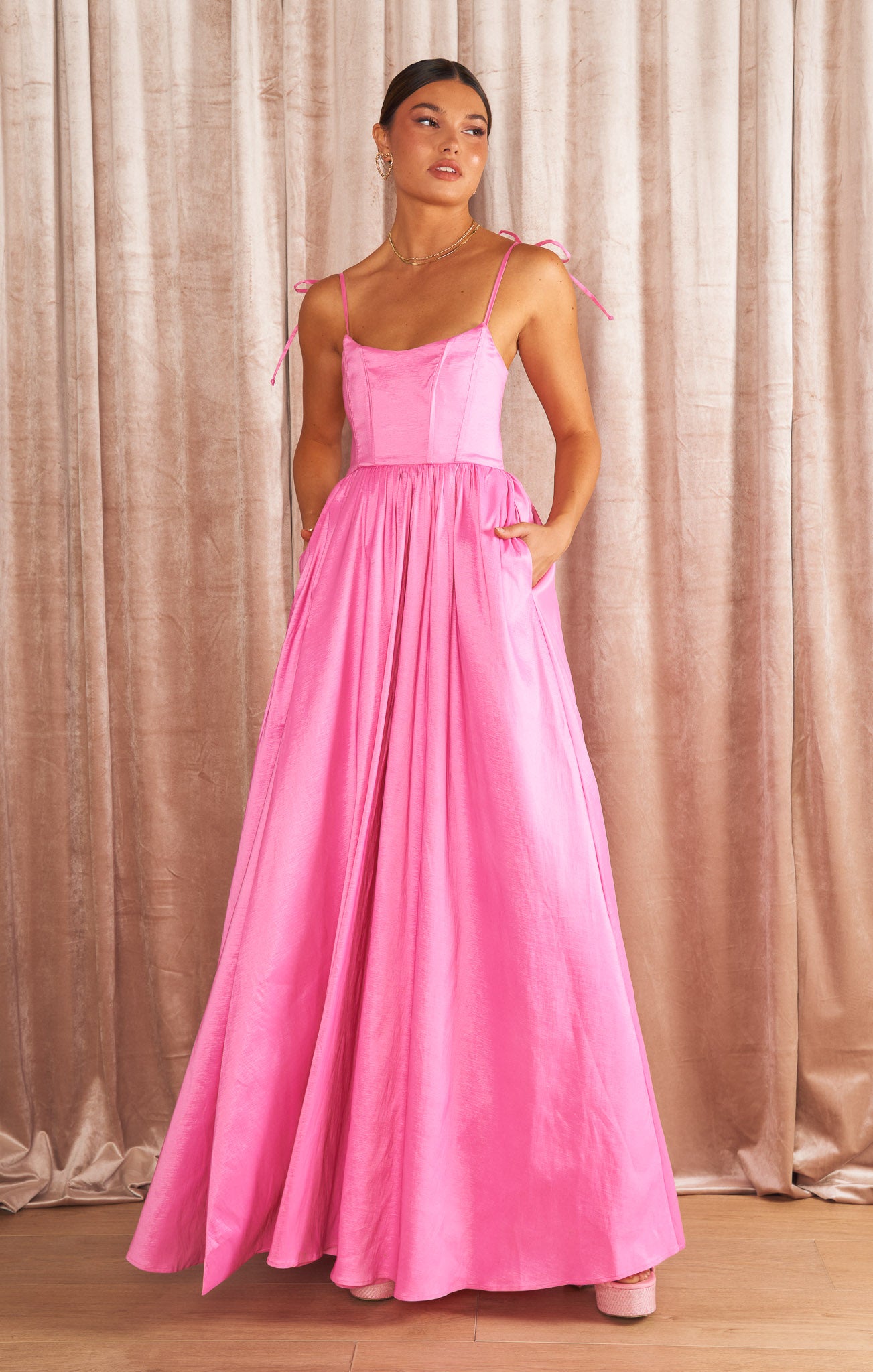 Pink Taffeta Maxi Dress with Corset Bodice & Side Slit | Juliet