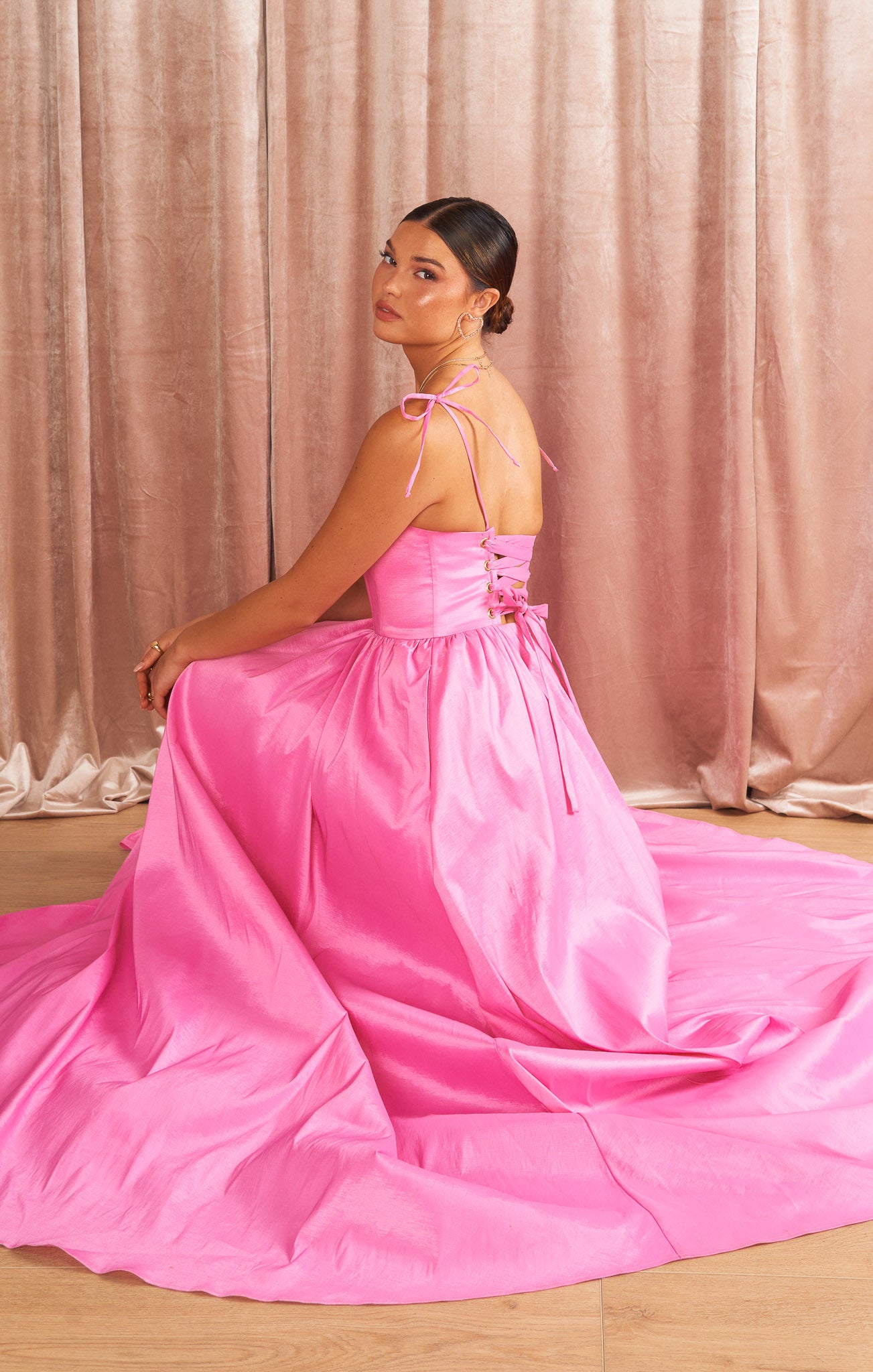 Pink Taffeta Maxi Dress with Corset Bodice & Side Slit | Juliet