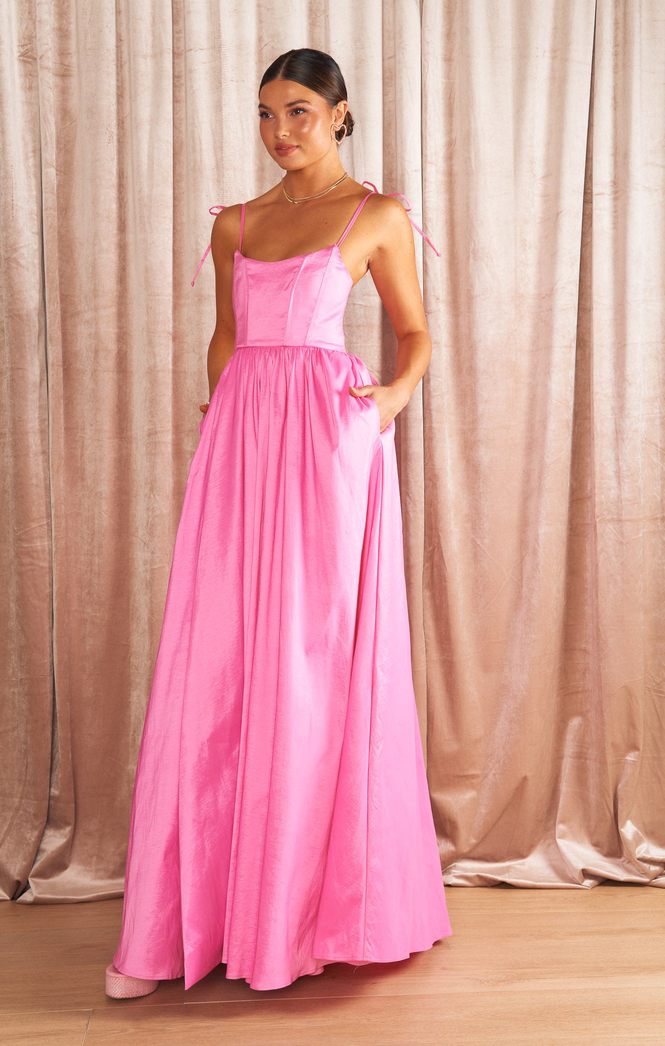 Pink Taffeta Maxi Dress with Corset Bodice & Side Slit | Juliet